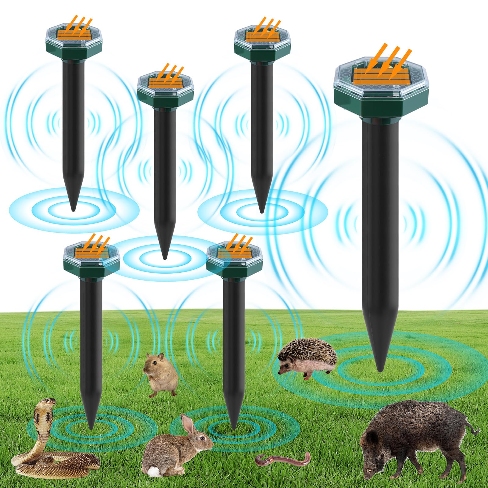 6 Piezas Ahuyentador Ultrasonidos I Repelente Ultrasónico de Ratones I Repelente para Topos con vibración Ultrasónica I Protección contra Plagas Eliminar Topos de l Huerto, Jardín, etc, Anti Topos