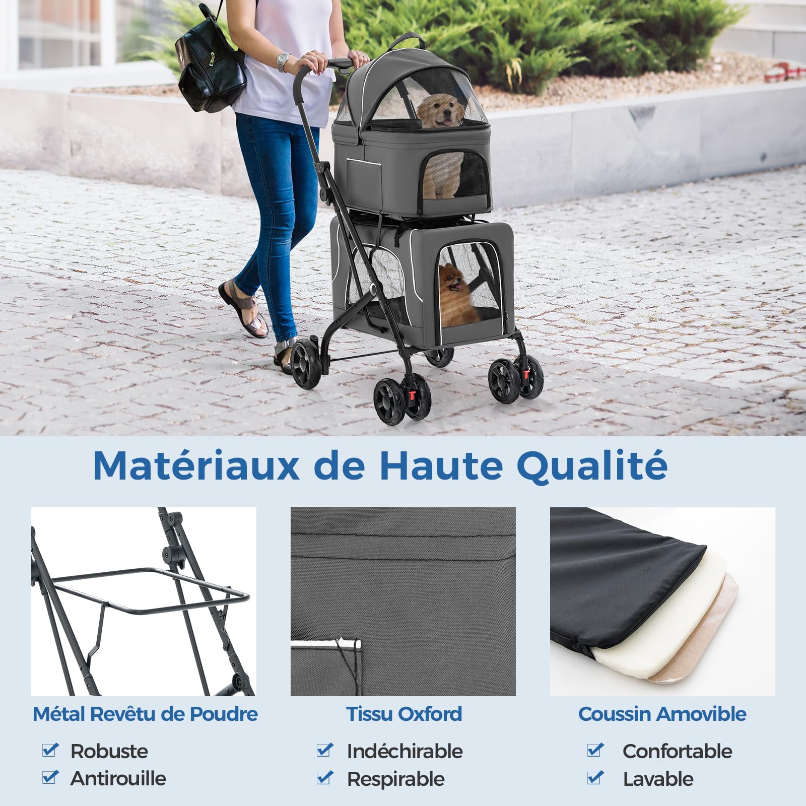 GYMAX Poussette Chien Chat 2 Couches Détachable, Transporteur et Siège Auto 3-en-1 pour Animaux de Companie, Auvent Réglable, Coussin Amovible, Poche de Rangement, Cadre en Métal Pliable (Gris)