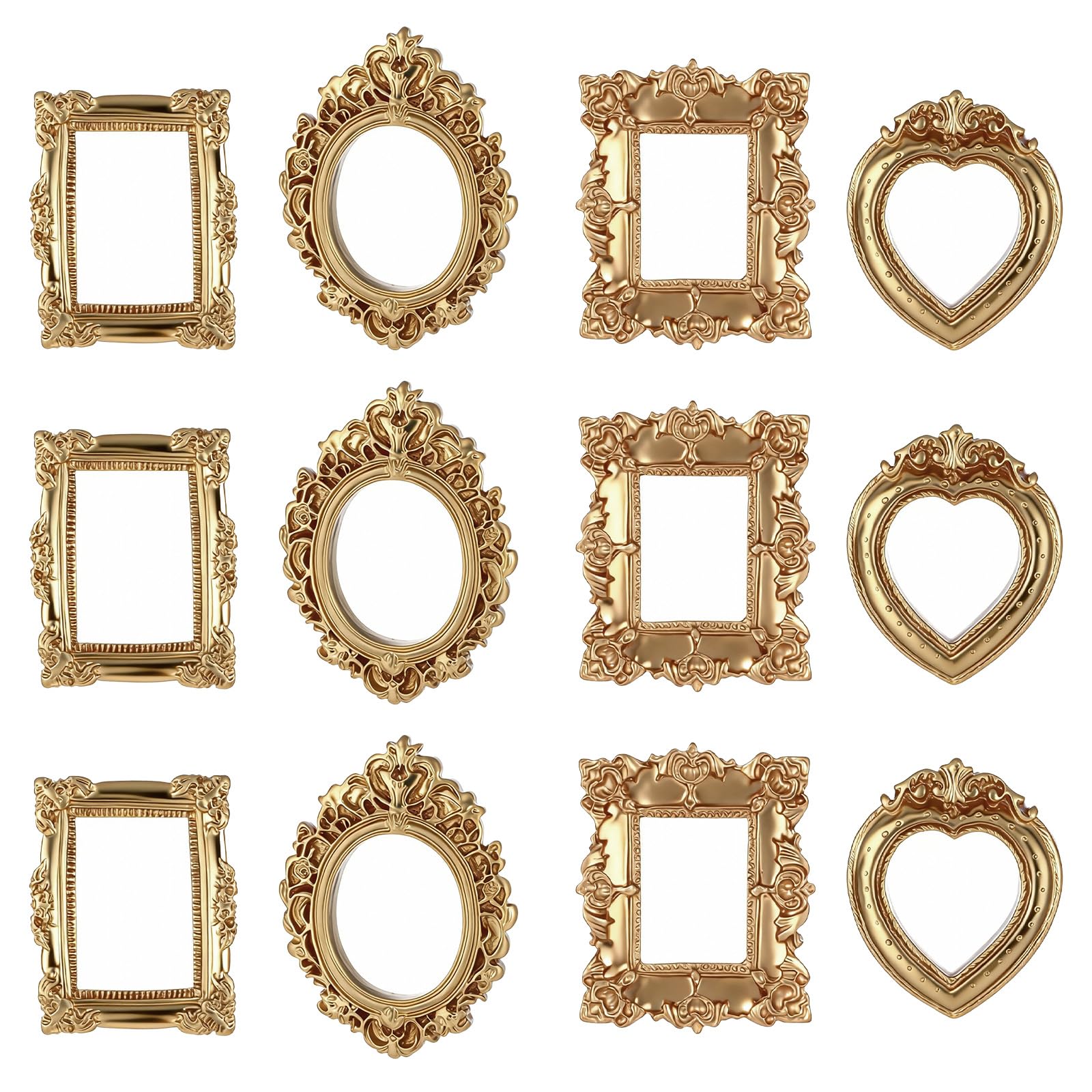Photo 1 of 12 Pcs Vintage Resin Picture Frame, 4 styles Mini Picture Frames Baroque Antique Mini Photo Frames Small Oval Rectangle Wall Hanging Frame for Jewelry Display Photo Party Wedding Decoration (Gold)