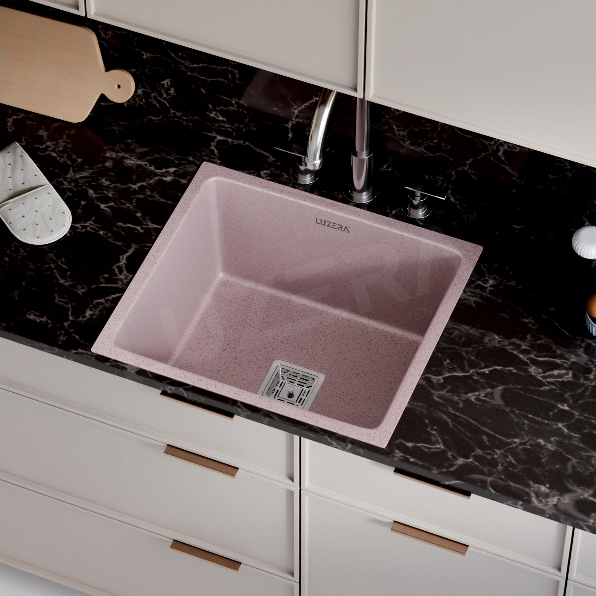 LUZERA Granite Quartz Single Bowl Kitchen Sink with Waste Coupling & Drain Pipe | Scratch Resistant Granite Composite Sink | Flushmount/Undermount/Top Mount Sink (Red Rose, 16 x 18 x 9 Inch)-image-48