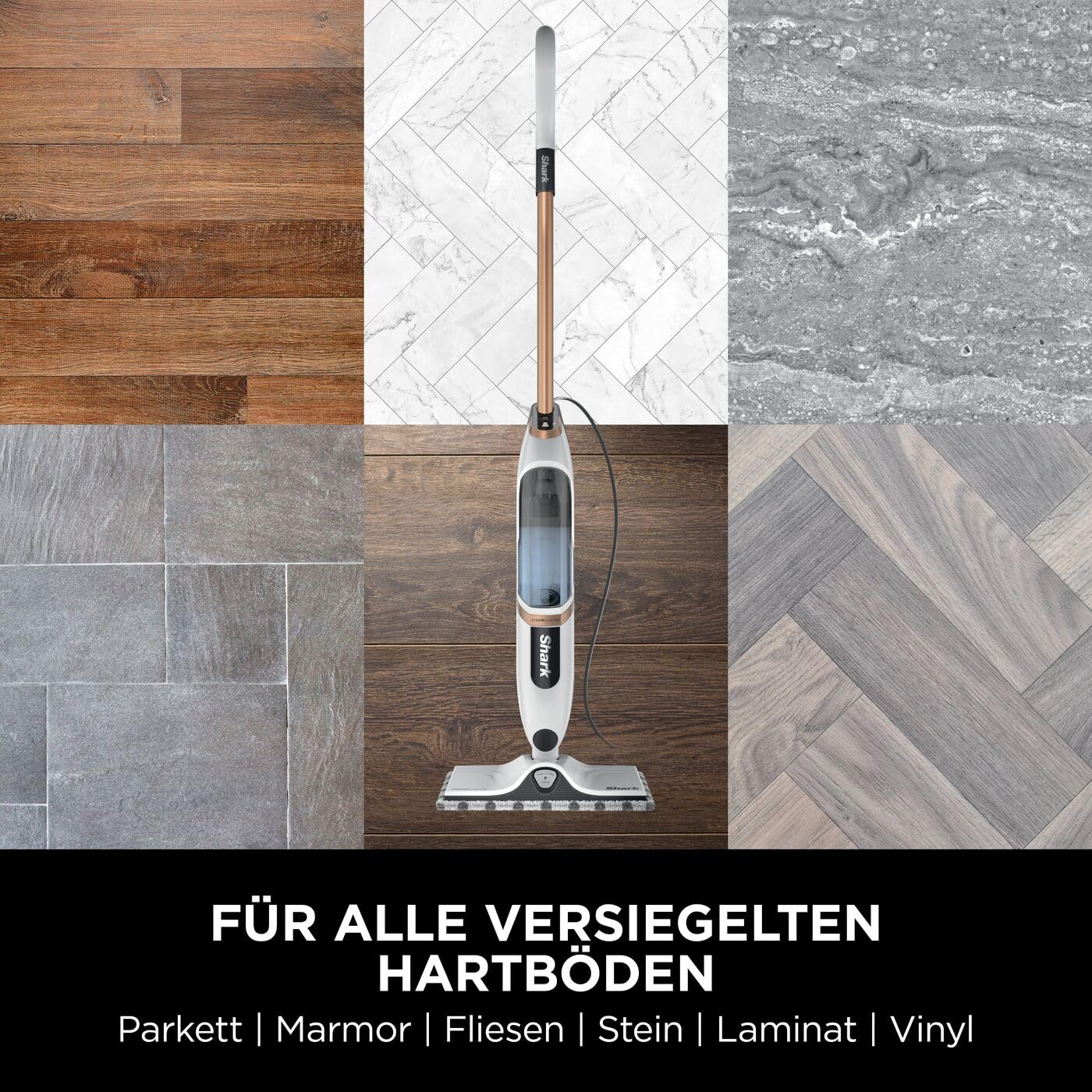Shark SteamSpot mit Steam Blaster-Technologie für Hartböden, Leichter Dampfreiniger, chemiefreie Reinigung, Abnehmbarer Wassertank, 2 waschbare Dirt Grip Soft-Scrub-Pads, White & Poly Copper S2001EU
