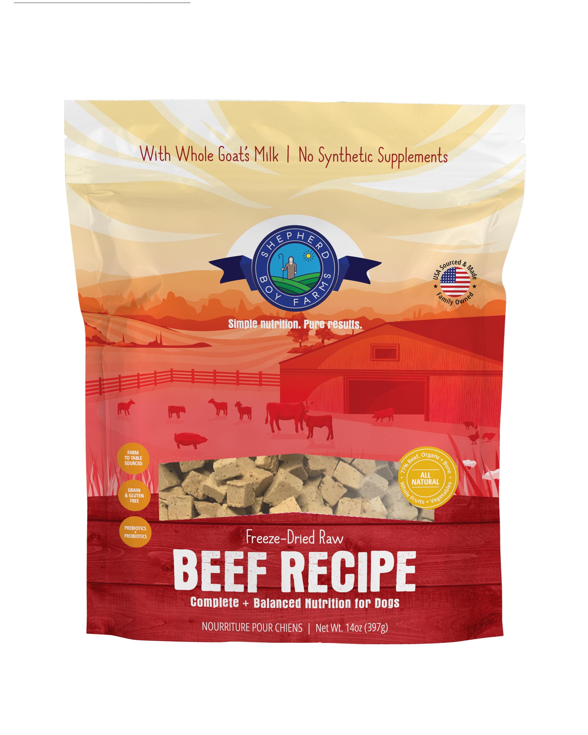 Freeze Dried Raw Dog Food, All Natural, No Synthetics, Made in USA with Goat's Milk & Organic Produce, High Protein, Complete Meal (14oz, Beef)