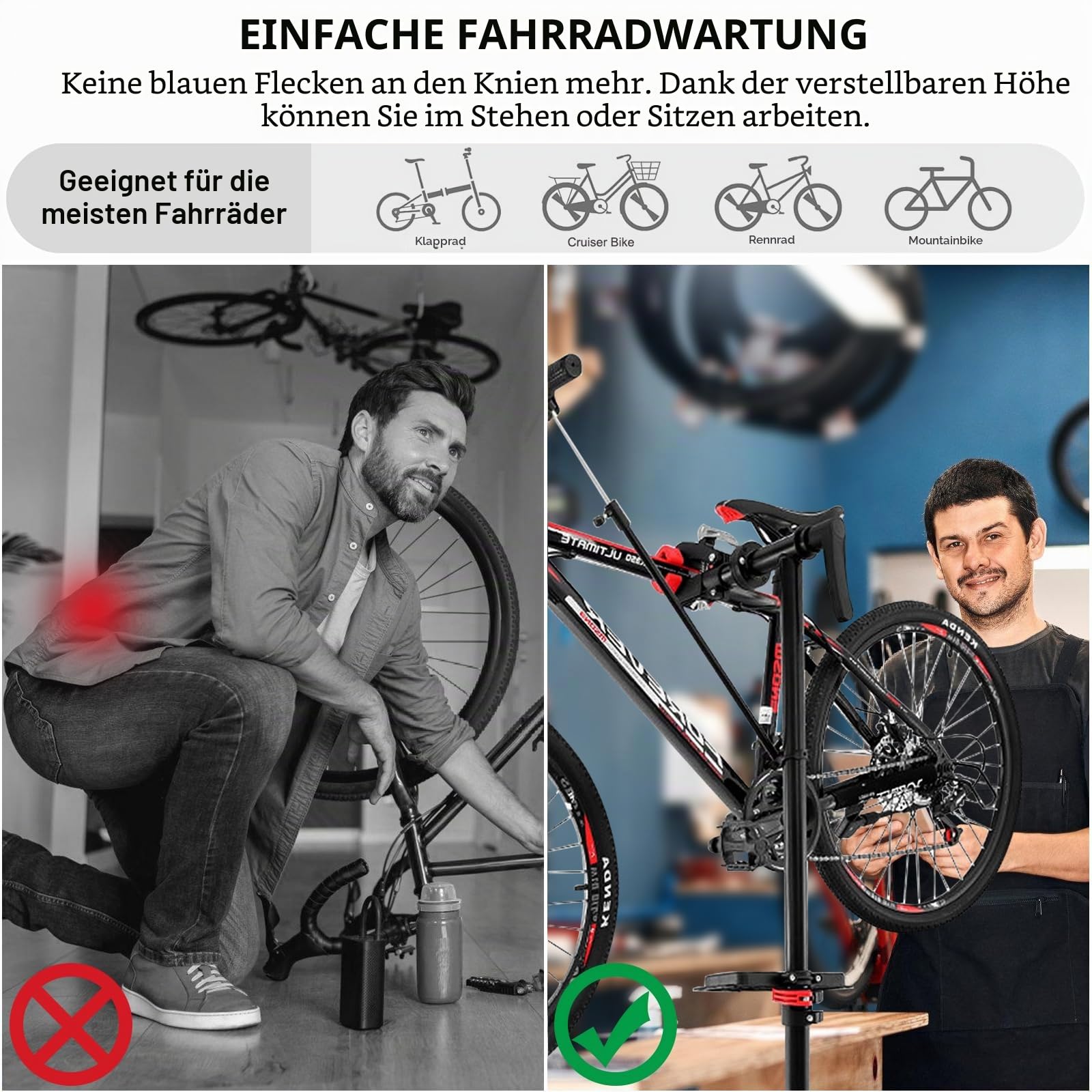 Fahrrad-Reparaturständer 50 kg klappbar – robuster Montageständer mit 360° drehbarer Klemme, höhenverstellbar 94–157 cm, magnetischer Werkzeugablage & Handschuhen – ideal für MTB, Rennrad & E-Bike