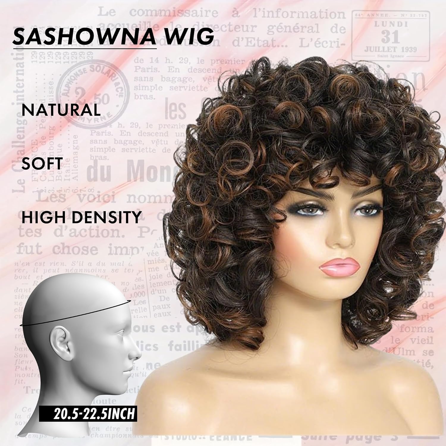 Short Curly Wig For Women Afro Wigs For Black Women Black Mixed Brown Color Big Curly Wig With Bangs Loose Curls Synthetic Wig Big Bouncy Fluffy Curls Wigs For African American Women Daily Wear