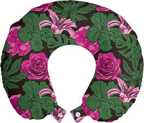 Lunarable Almohada de viaje floral para el cuello, escena repetitiva de flores Aloha Feels estampado botánico con temática hawaiana, accesorio de