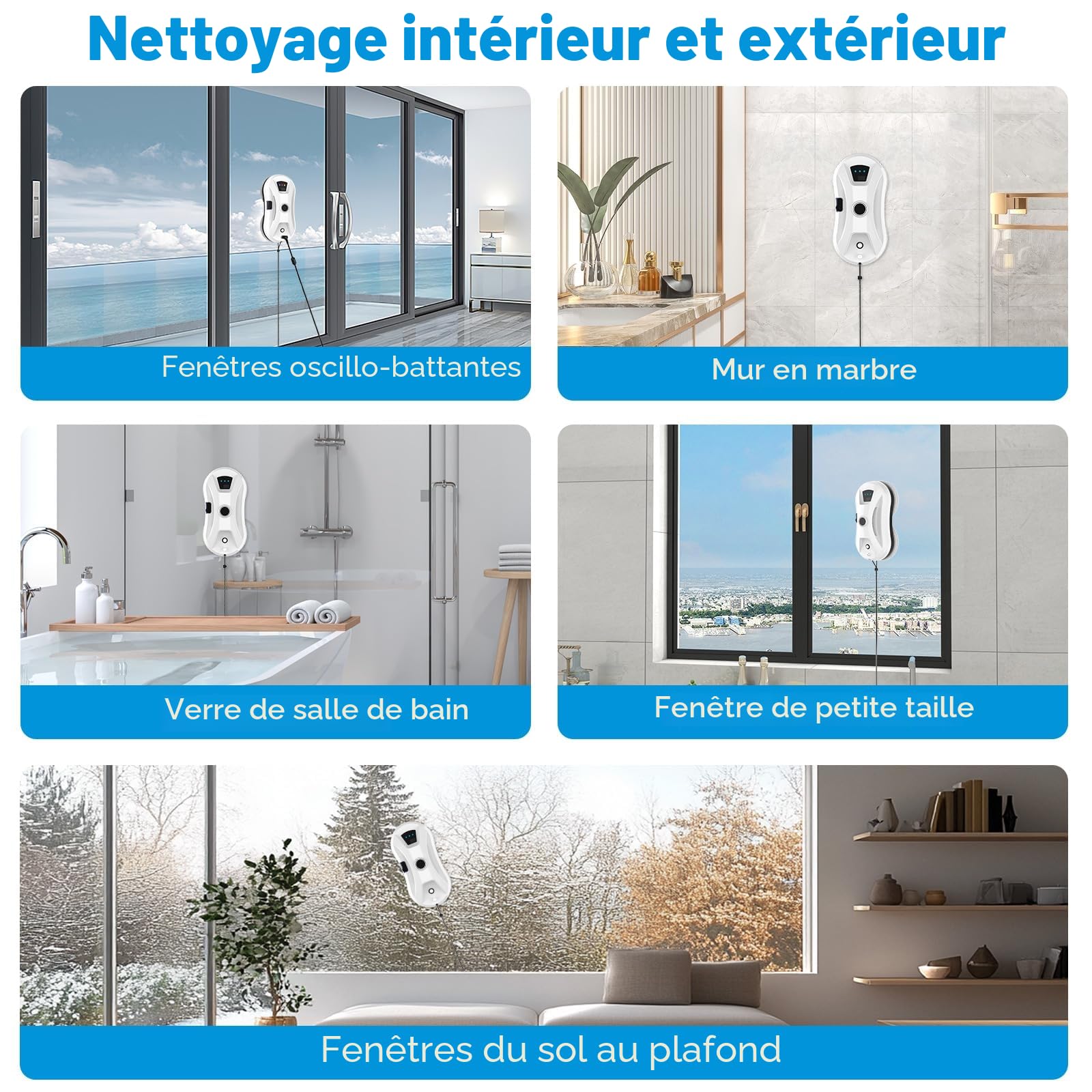 Robot Nettoyeur de Vitres Avec Jet d'Eau Automatique, 5600 Pa - Système de Détection Intelligent des Bords - Pour Fenêtres