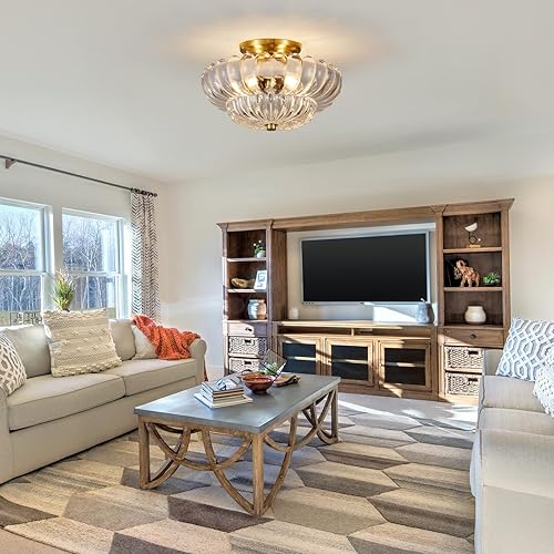 Miniatura 9 de Semi Flush Mount Ceiling Light, Gold Light Fixture Ceiling Mount with Scalloped Clear Glass Shade, 3 Lights Vintage Chandelier, Modern Farmhouse