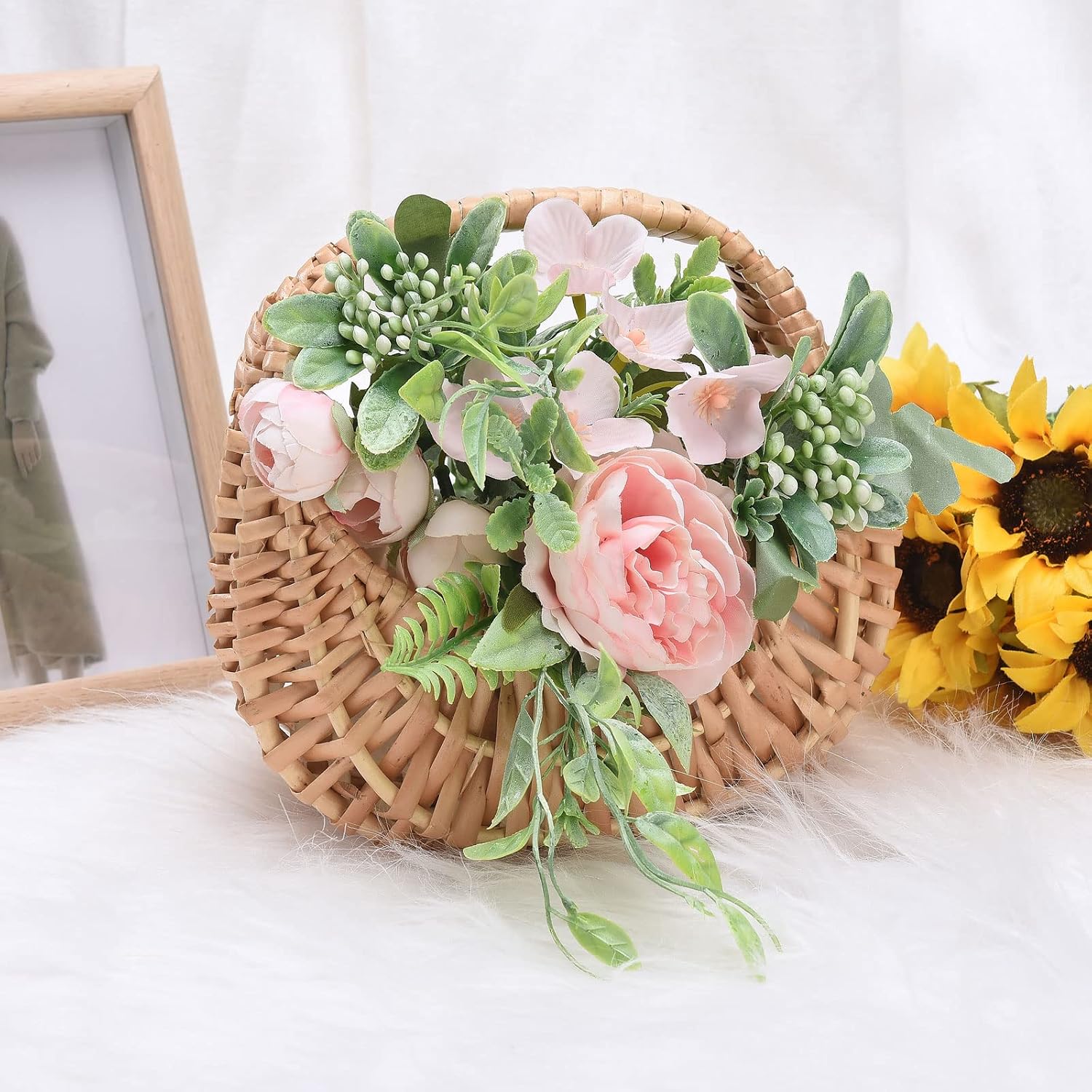 2 PCS Small Rattan Woven Basket Half Moon Straw Basket Wedding Flower Basket with Handle Wicker Flower Girl Basket Woven Storage Basket for Wedding Birthday Party Decor(Brown)
