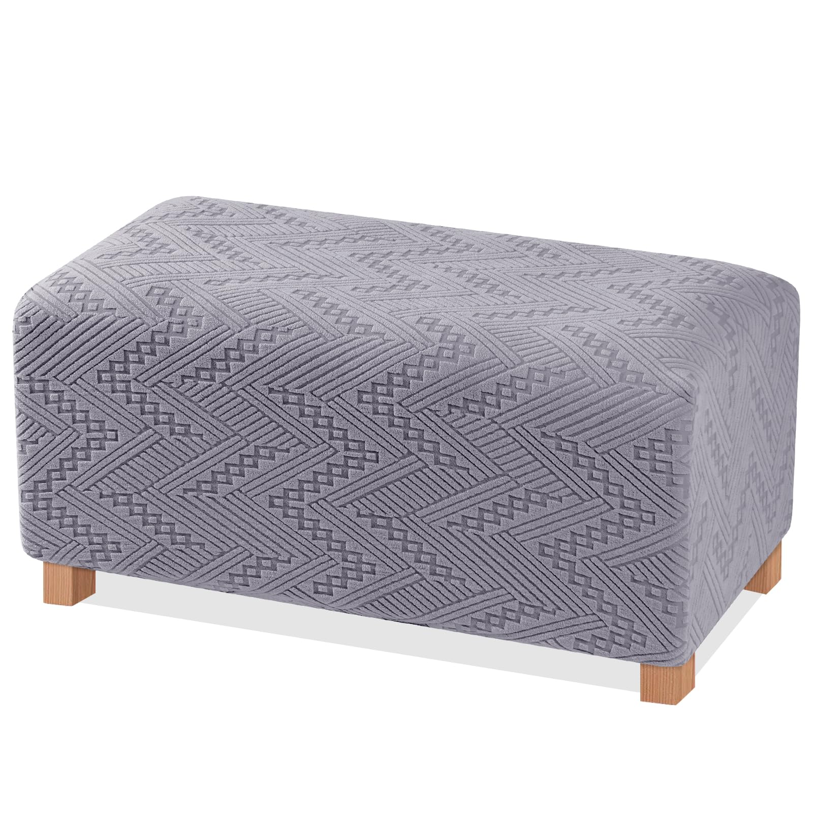 Stretch Ottoman Cover Footrest Stool Covers Ottoman Slipcovers Rectangle Folding Storage Stool Cover Soft Jacquard Washable with Elastic Straps Bottom?Large, Light Grey