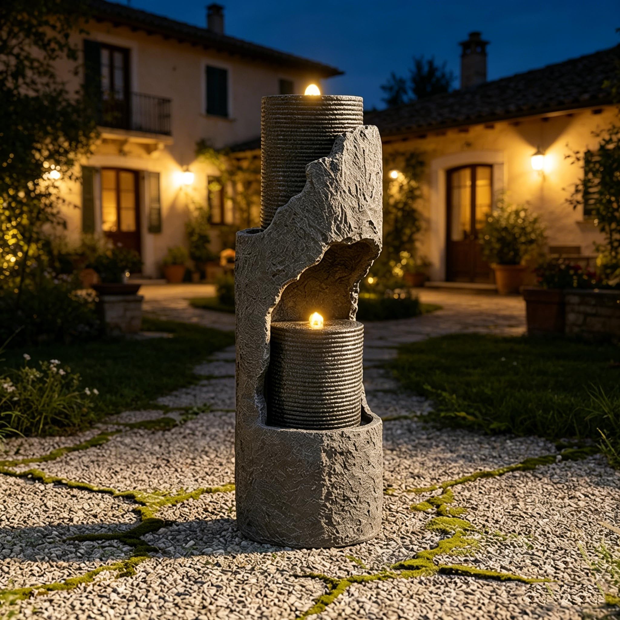 Fontana Cascata da Esterno in Poliresina Grigia con LED, Pompa, Gioco d'Acqua con Effetto Pietra Artificiale e Bacino Decorativo, Fontana Decorativa per Giardino, Terrazza, Balcone