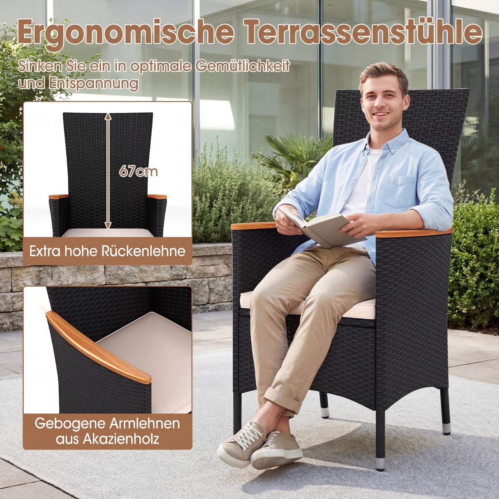 COSTWAY Gartenstühle Hochlehner 2er Set, Rattan Gartensessel, Terrassenstühle mit Sitzkissen, wetterfeste Balkonstühle bis 180 kg belastbar, für Garten, Balkon & Terrasse (Beige)