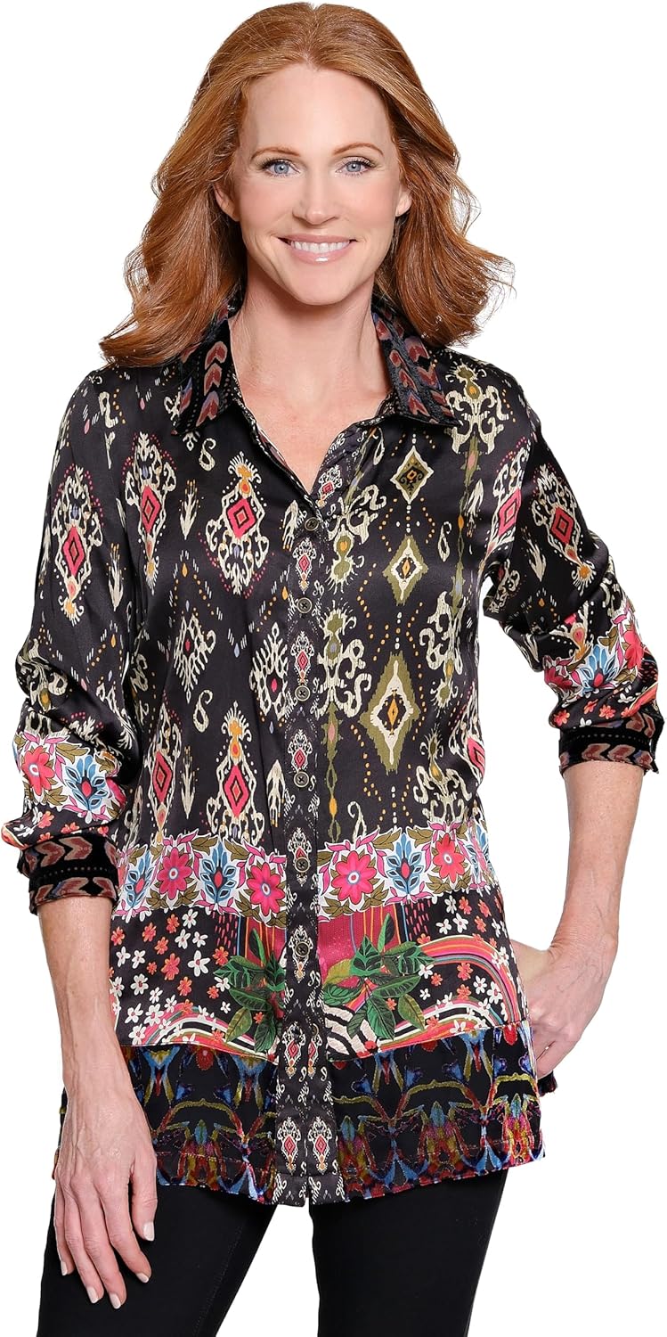 John-Mark Women's Mix Print Button Front with Burnout Velvet