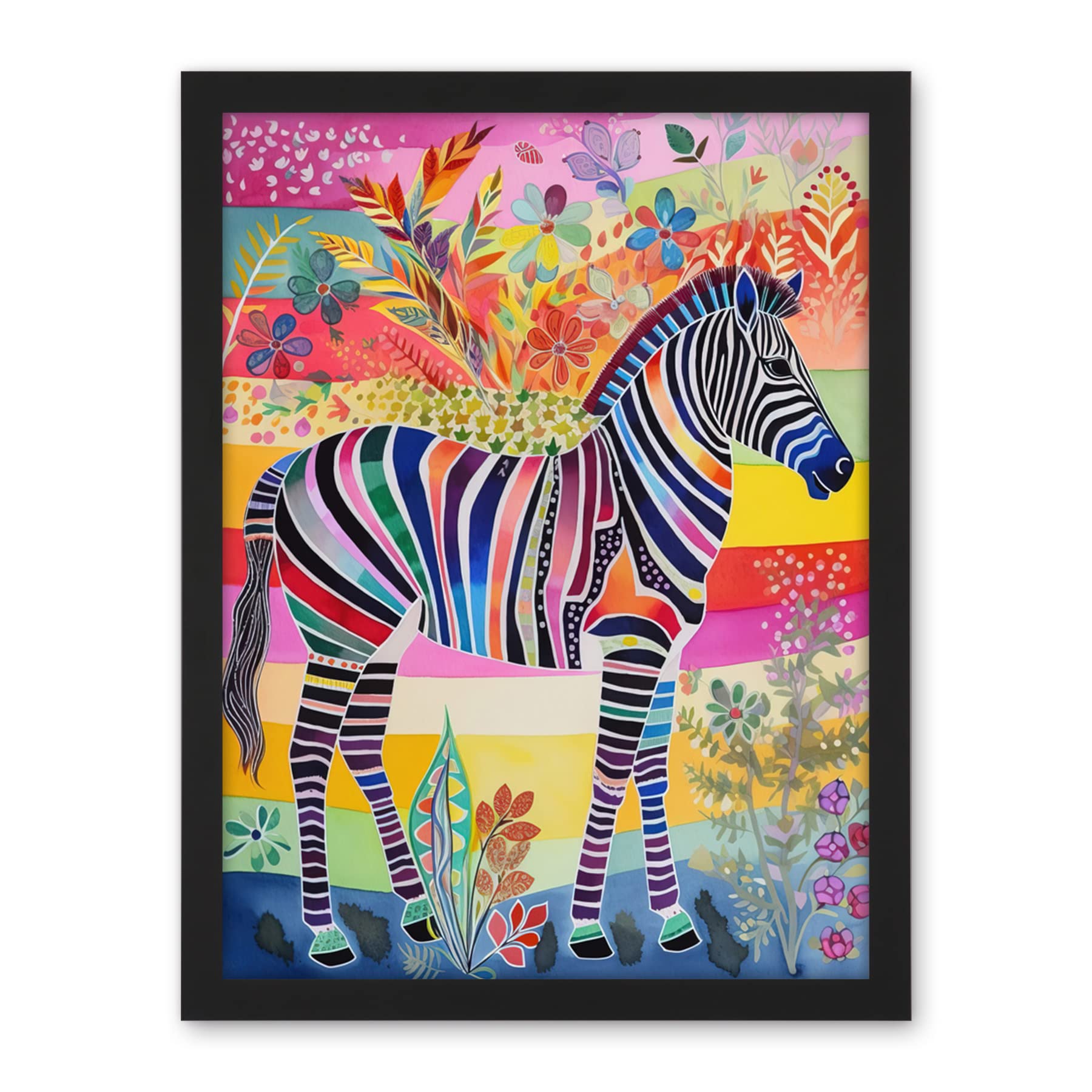 Artery8 Zebra Rainbow Floral Abstract Folk Art Artwork Framed Wall Art Print 18X24 Inch