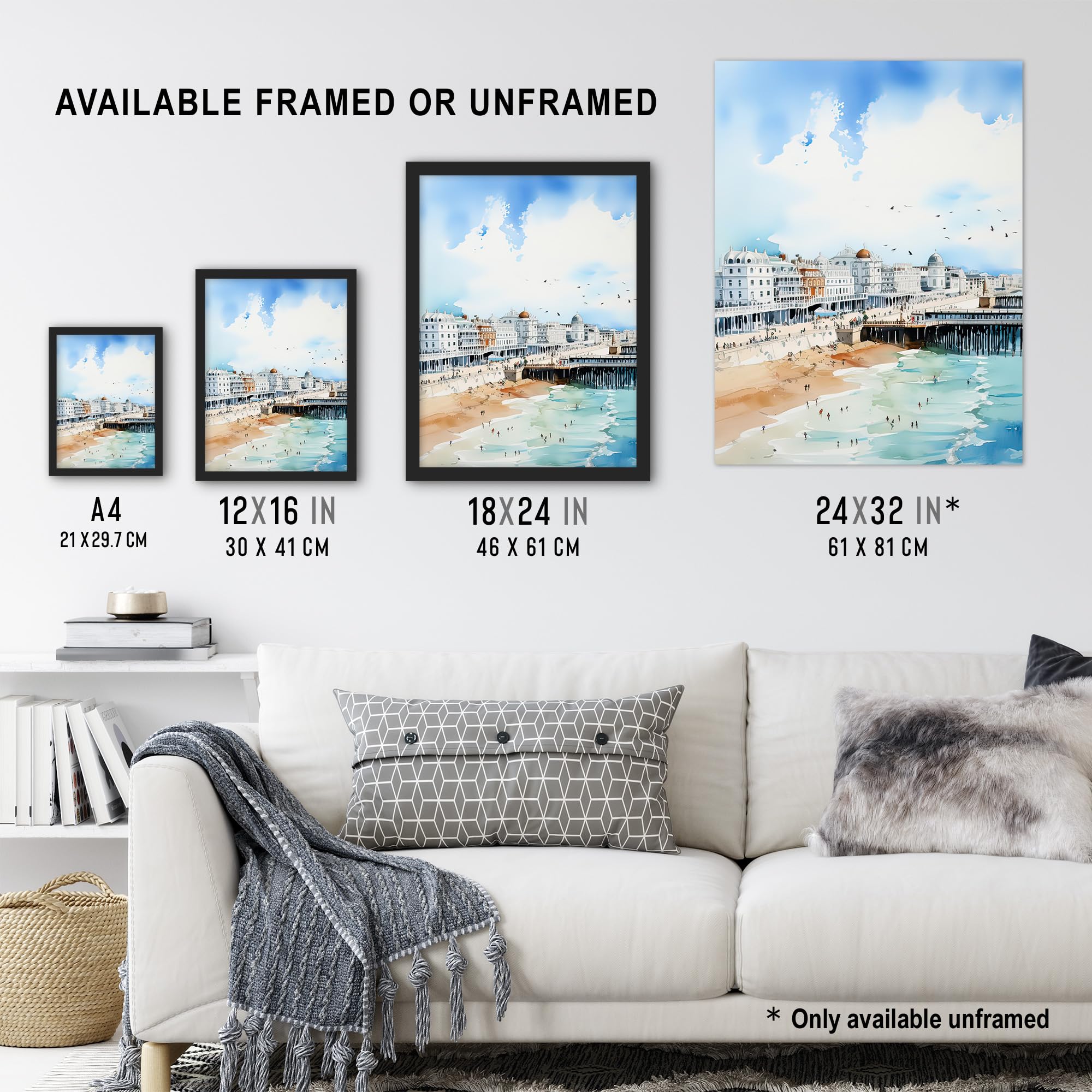 Artery8 Brighton Beach Watercolour Painting Orange Blue Busy Promenade Coastal City Landscape Extra Large XL Wall Art Poster Print - Image 3