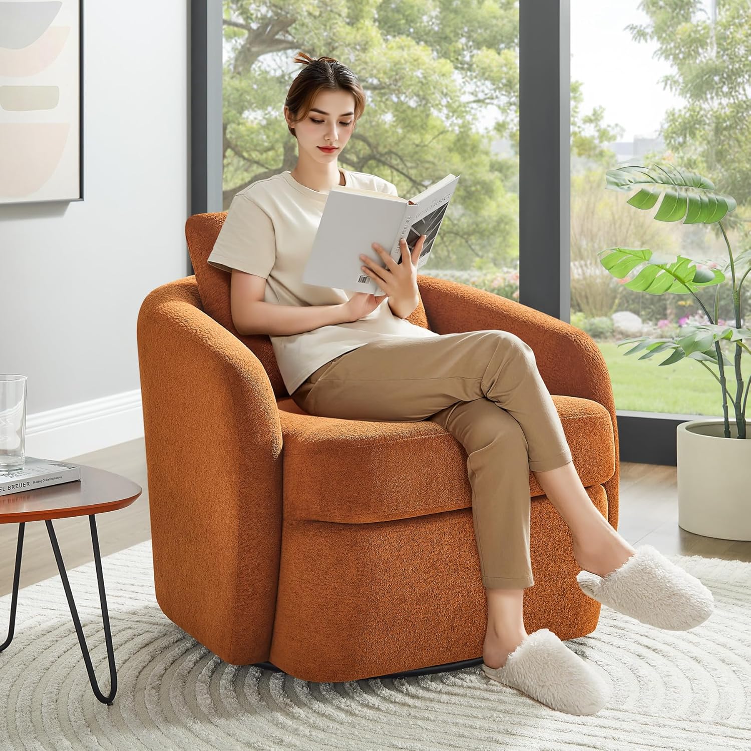 Swivel Barrel Chair, Cloud 360° Upholstered Armchair with Removable Throw Pillow for Living Room, Bedroom, Modern Comfy Single Sofa Chairs, Fully Assembled, Curry