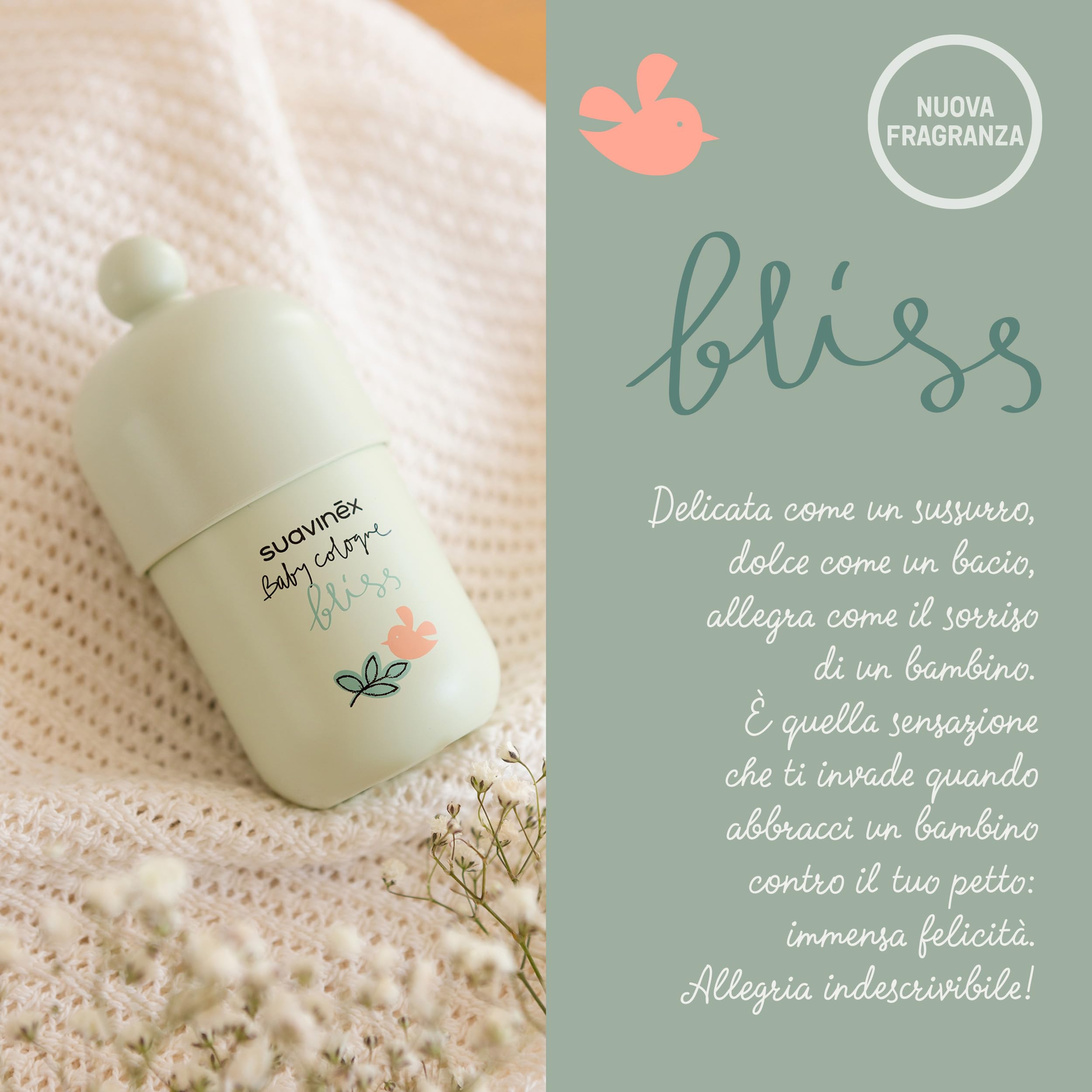 Suavinex, Baby Cologne Bliss, Colonia per Neonati a Basso Contenuto di Alcol, Non Macchia i Vestiti, Fresca, Aroma Delicato e Morbido, con Vaporizzatore, per Neonato e Tutta la Famiglia, 100 ml