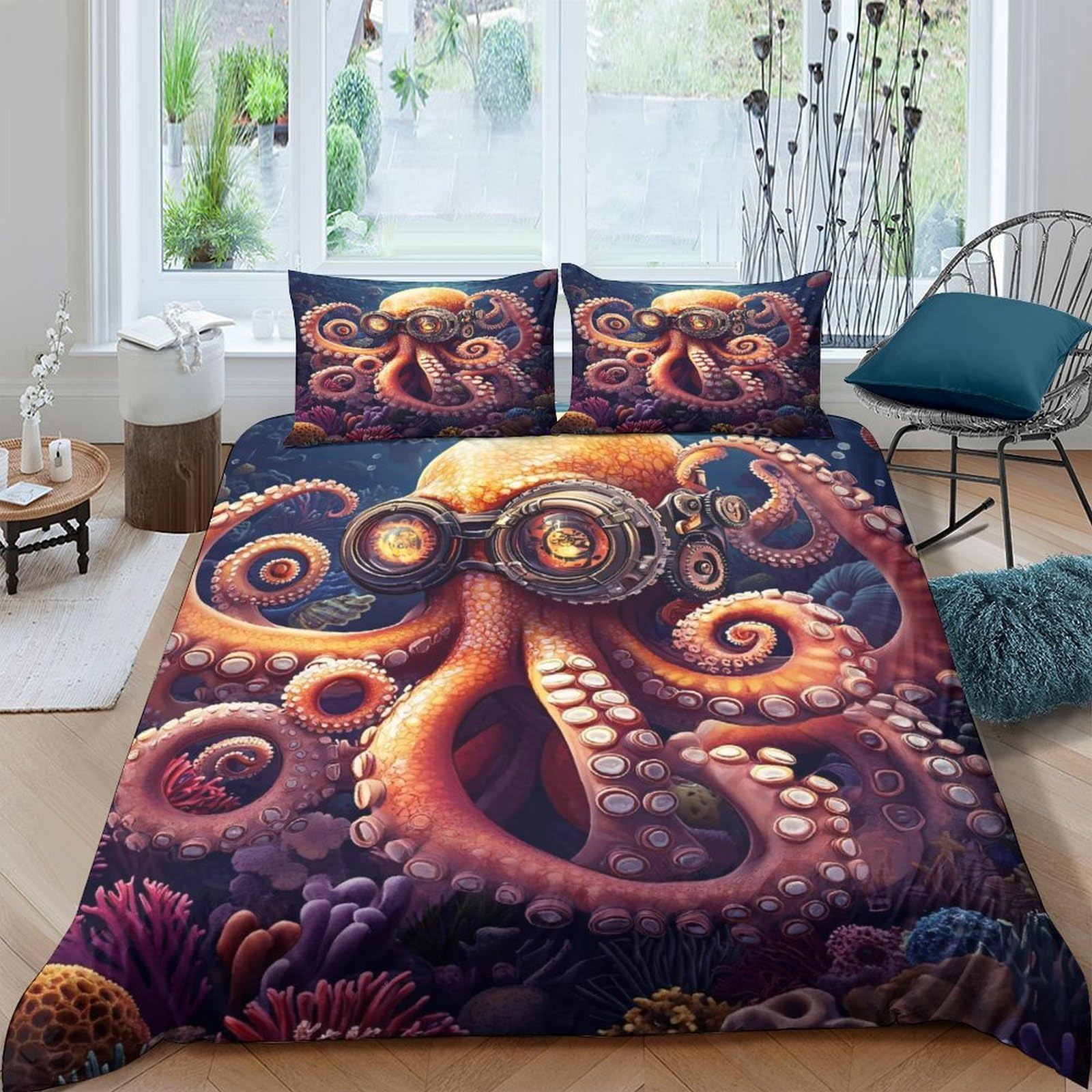 Ctjqhvkz Style-3 3D Printed Octopus Ocean Fitted Sheet Microfiber Dark Coral Reef Mattress Cover Non Slip Washable Decor For Bedroom Single（135X200cm）