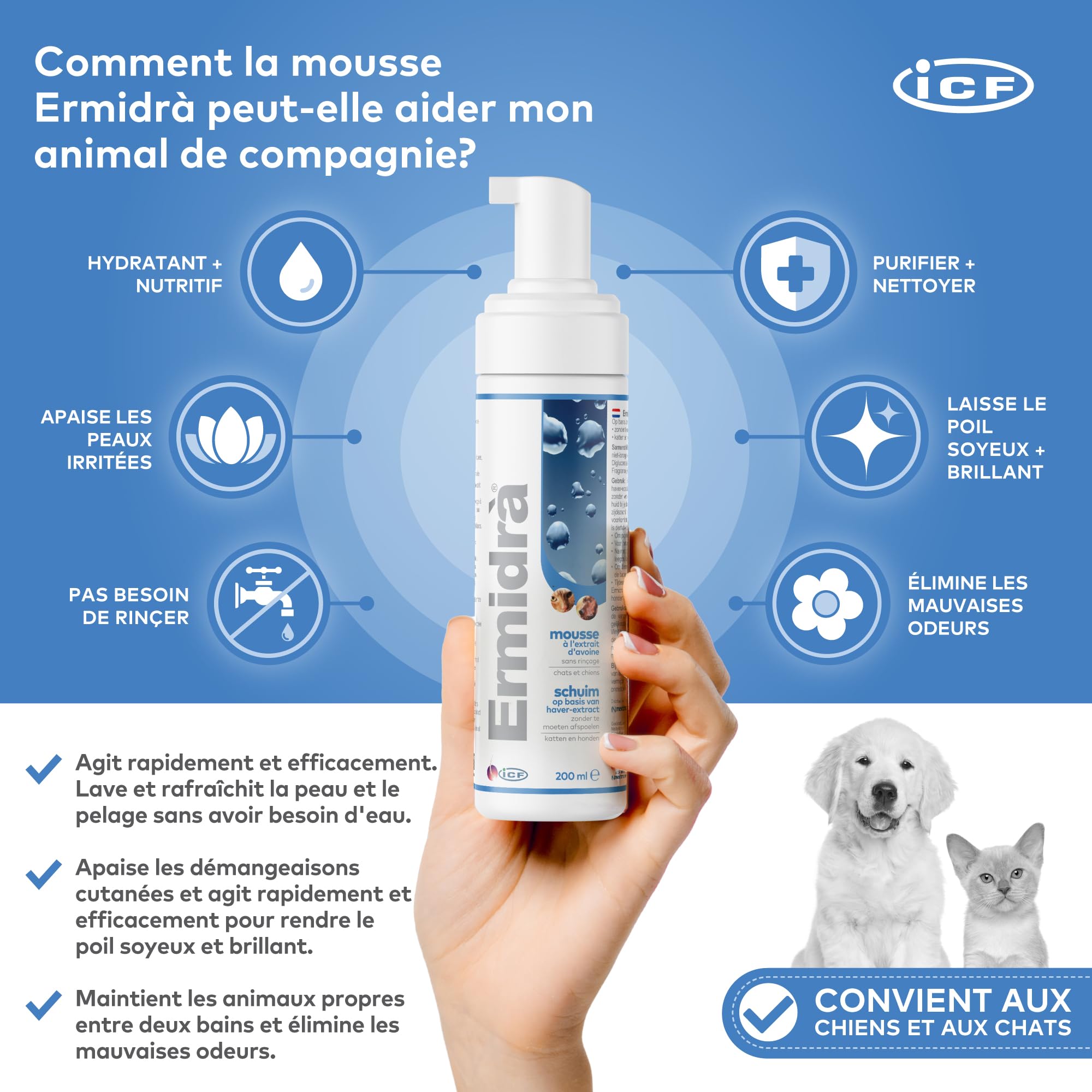 ICF Ermidrà Foam pour Chien et Chat | Soin Réhydratant sans Rinçage | 200 ML | Foam Apaisante Hydratante
