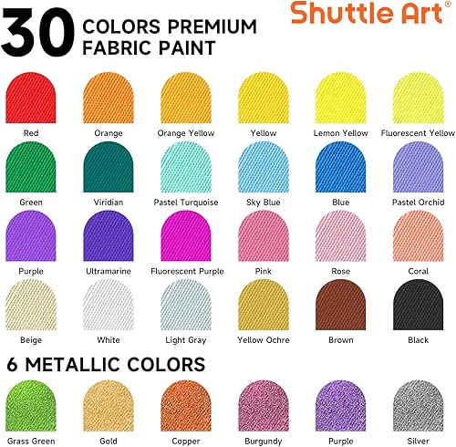 Miniatura 2 de Shuttle Art - Pintura para tela, 30 colores, pintura de tela suave permanente en botellas (2.0 fl oz2 onzas) con pinceles, paleta, plantillas,