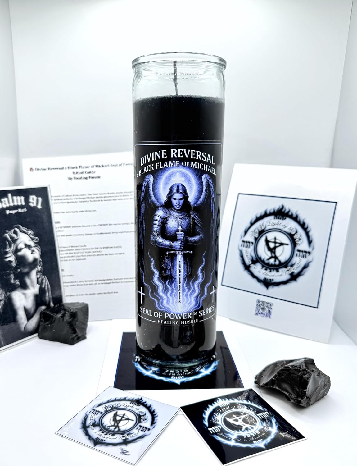 Archangel Michael Candle | Black Flame of Michael Seal of Power Candle Kit | Divine Reversal Protection | Black Obsidian Infused | Healing Hussle
