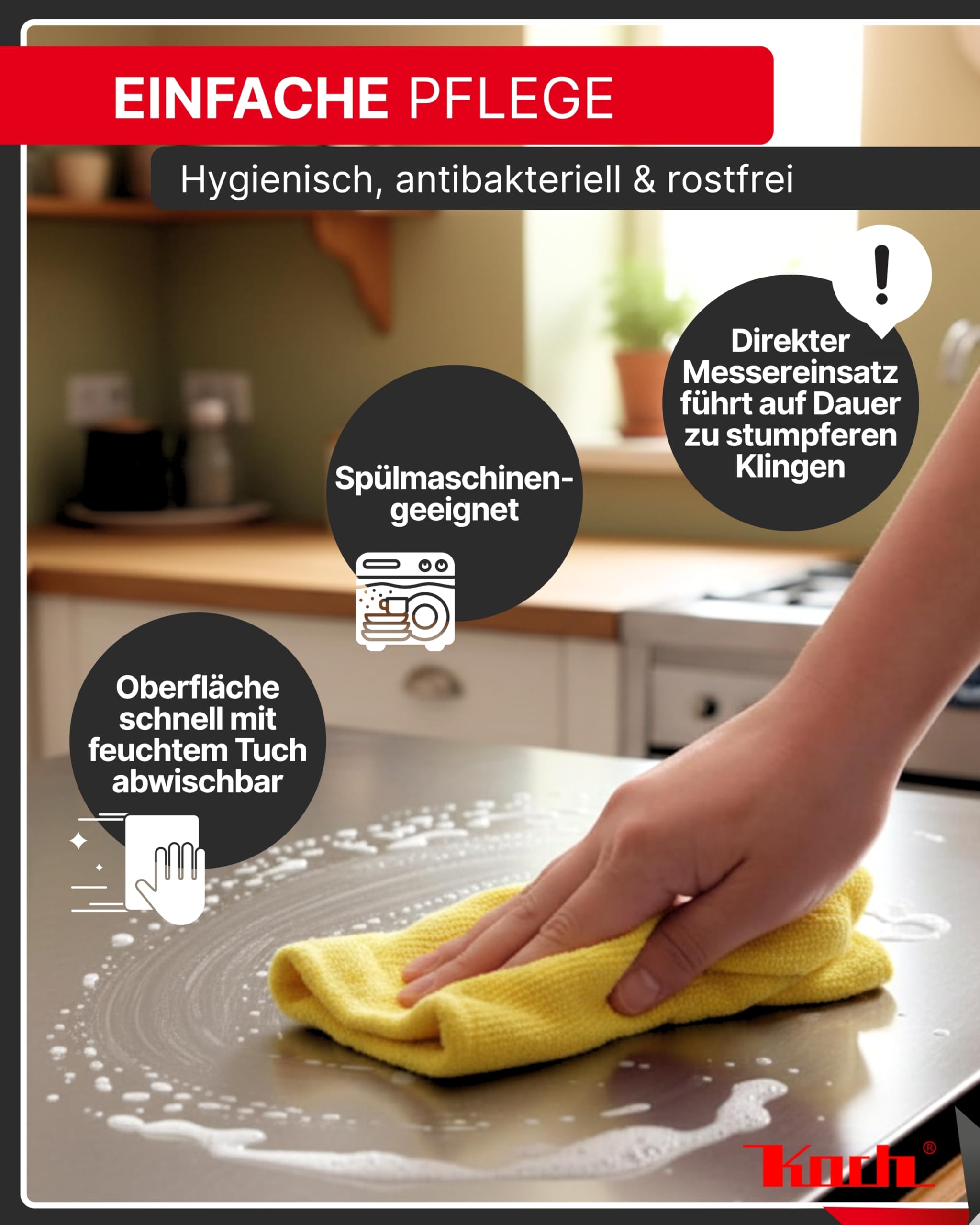 Koch Arbeitsplatte Edelstahl I 70 x 54 cm I Arbeitsfläche, Schneidebrett & Knetbrett mit Anschlagkante I Hygienisches & rostfreies Küchenbrett I Extra robust, langlebig & antibakteriell #87