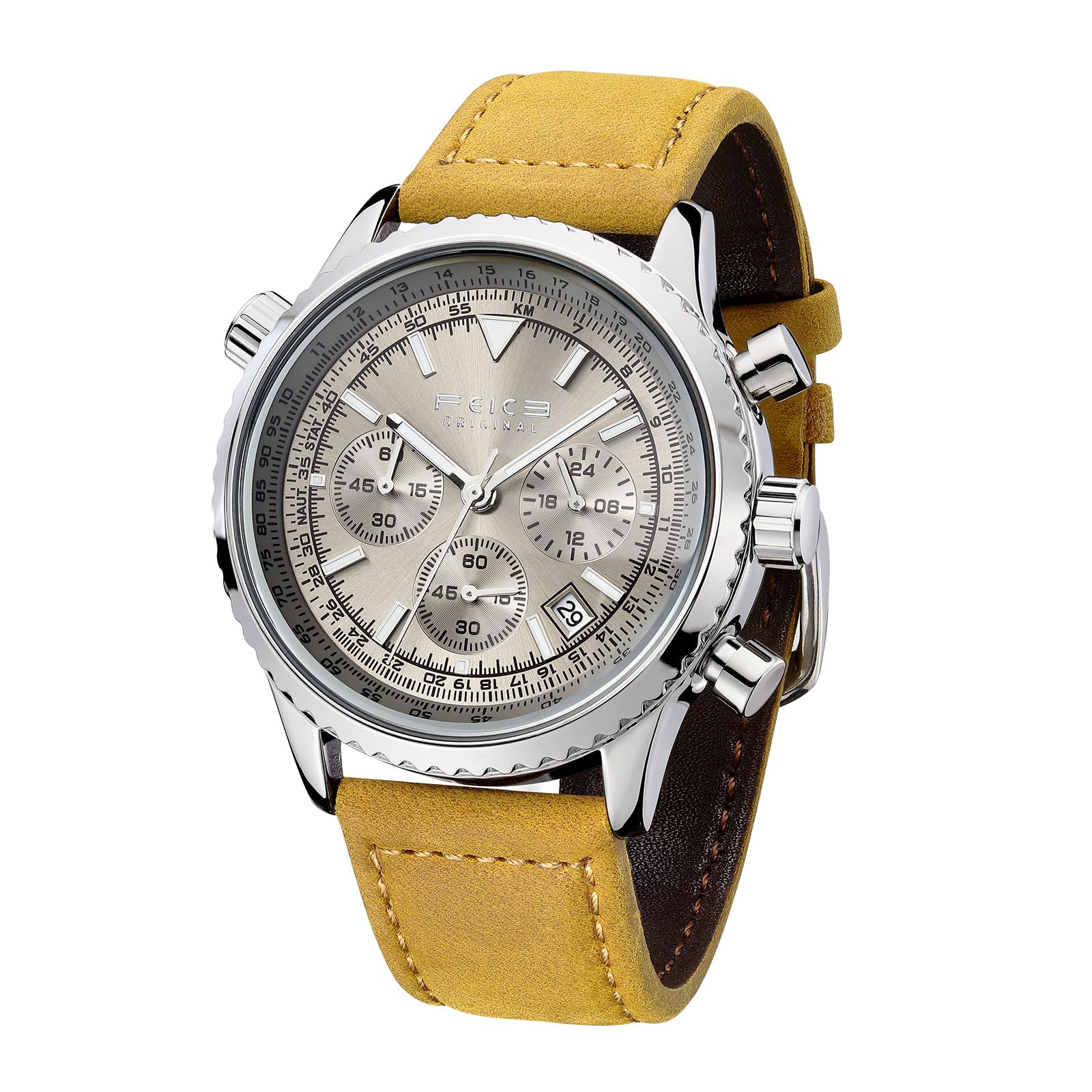 FEICEFK812 Classic Fashion Elegant Chronograph Watch Casual Sport Leather Band Mens Watches Multifunctional Vintage Silver Watches for Men, Silver, Comfortable, Versatile, Functional, Resistance,