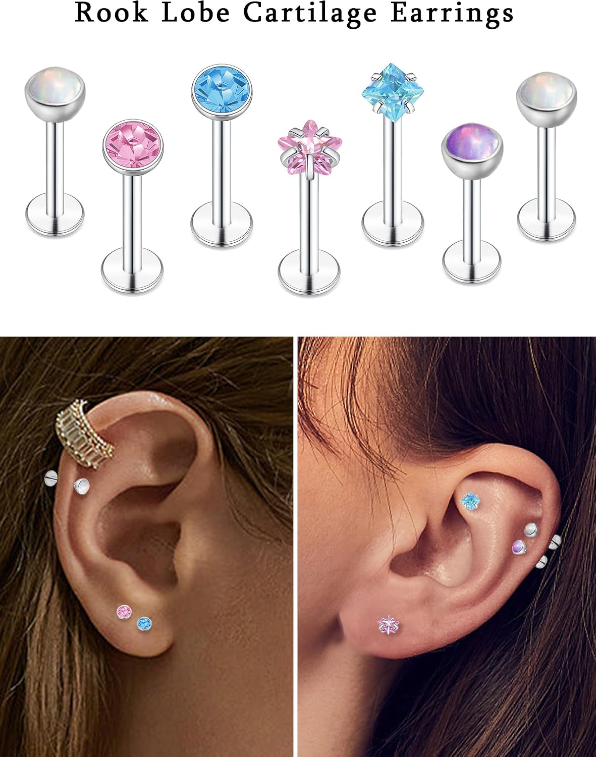 28Pcs 20G 18G 16G Push in Threadless Nose Studs CZ Nose Ring Stainless Steel Lip Rings Labret Studs Multicolor Human Made Opal Flat Back Cartilage Earrings Nose Nostril Tragus Helix Body Piercing Jewelry for Women Men 6/8/10/12mm Bar