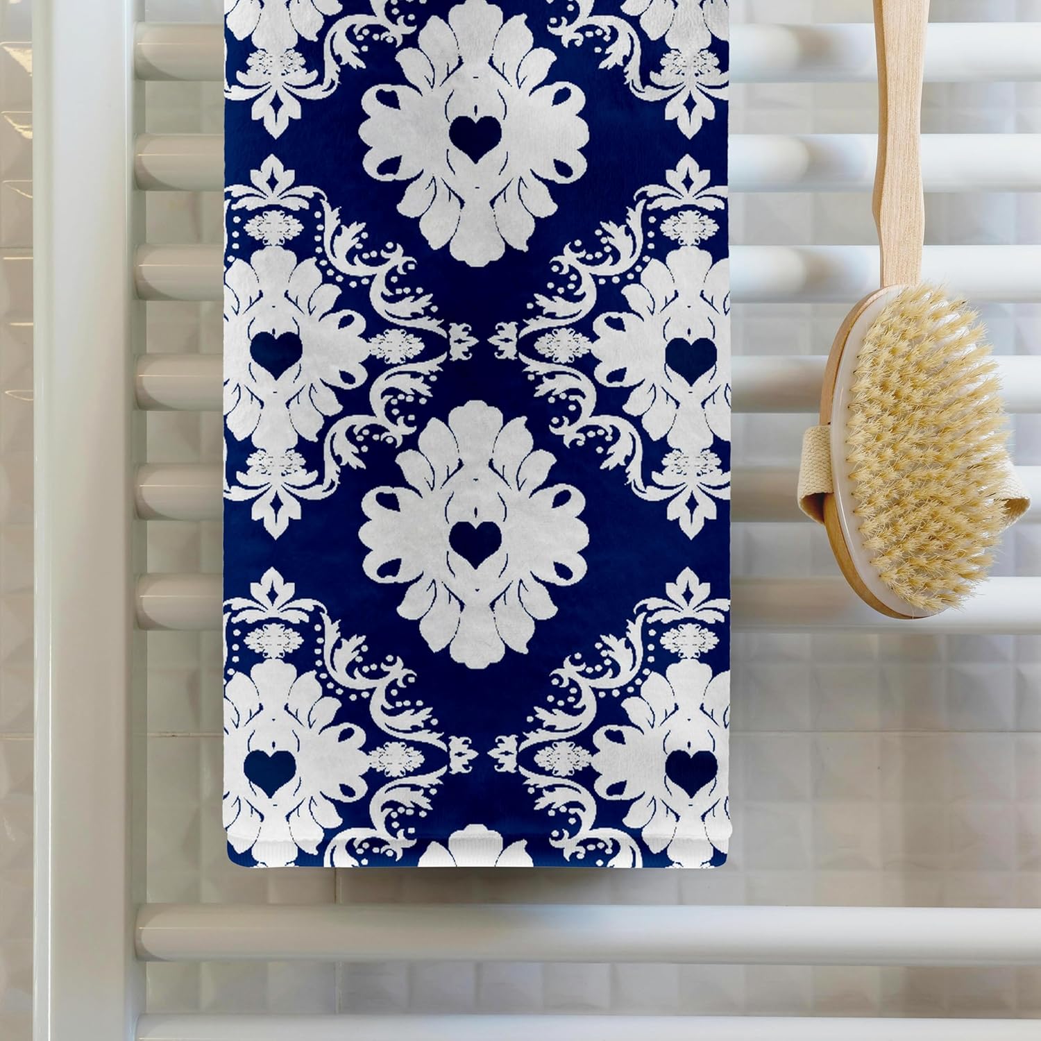 3dRose Navy Hearts Blue White Damask 22x30 Bath Hand Pool Towel
