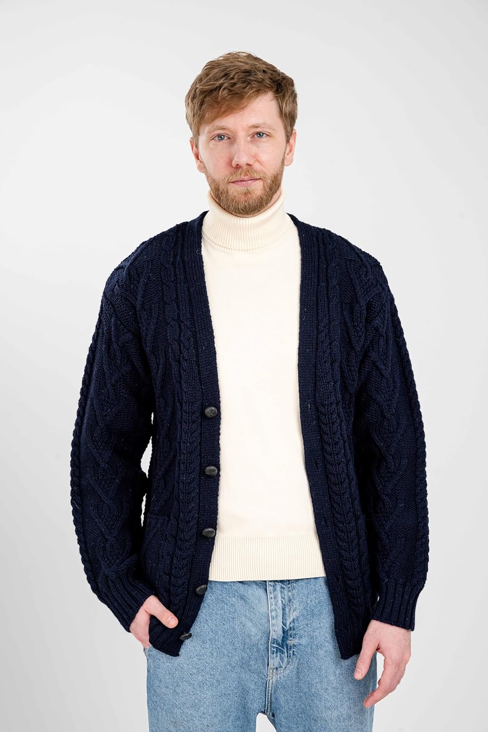 SAOL 100% Merino Wool Men's Aran Cable Knit V Neck Casual Irish Cardigan with Buttons and Pockets