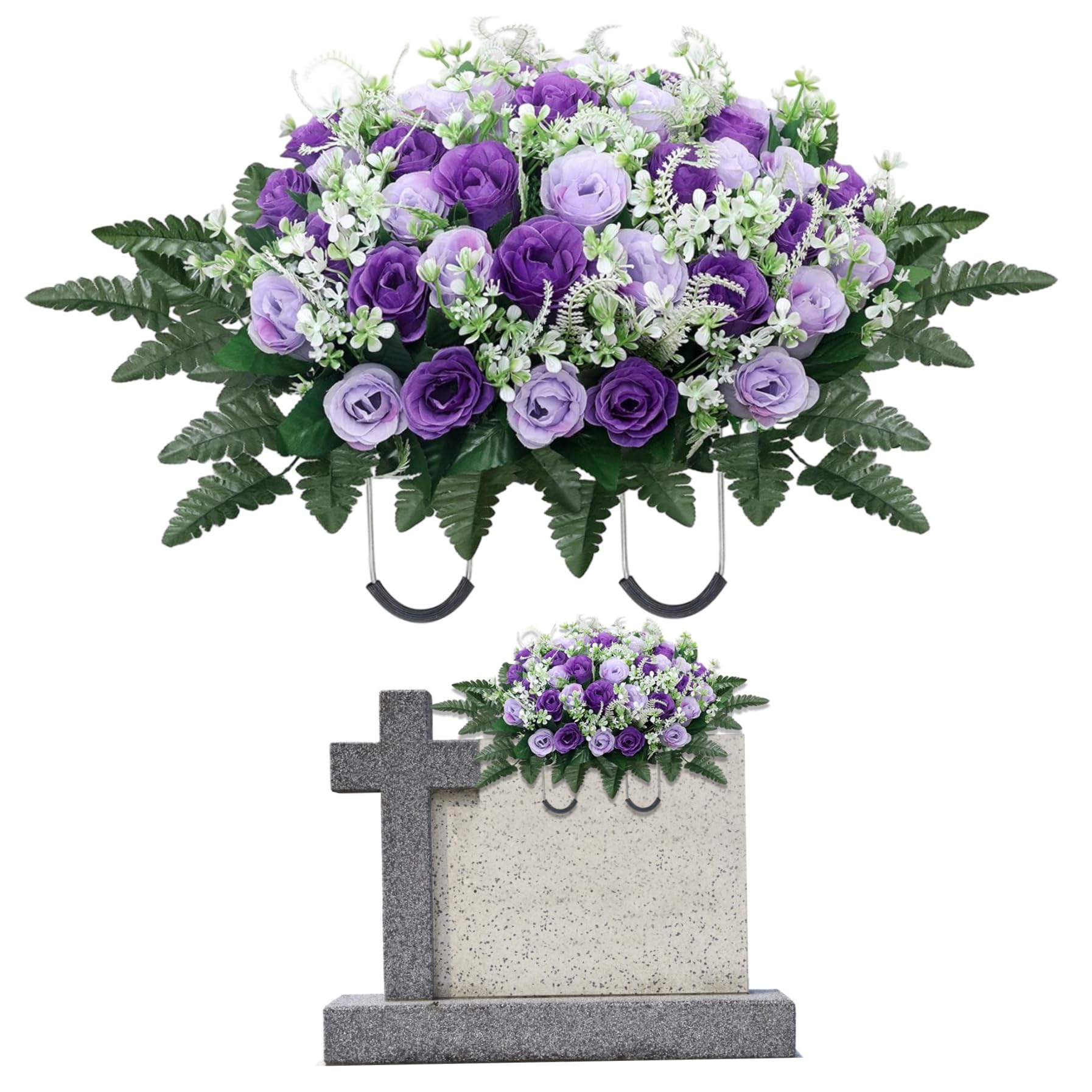Headstone Flower Saddle, 26x14 Inch Silk Cemetery Flowers for Grave, Lifelike Purple Rose Grave Decorations for Cemetery Flowers for image 1