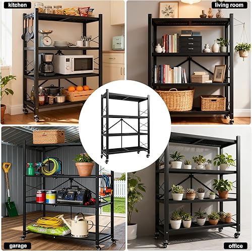 Vista 21 de Estantes plegables de 5 niveles de metal resistente con ruedas - Estantería plegable sin montaje para cocina, garaje, soporta hasta 1250 libras