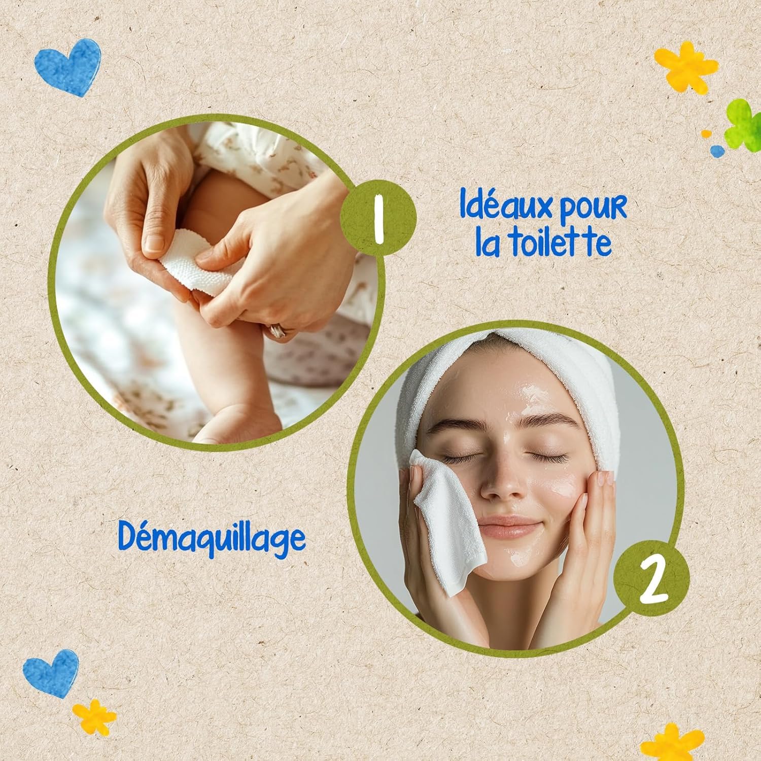 TIDOO - 150 Rectangles de Coton Bio - Ultra Doux, Résitant & Absorbant - Dès la naissance - Change & Toilette - Pads pour toute la famille