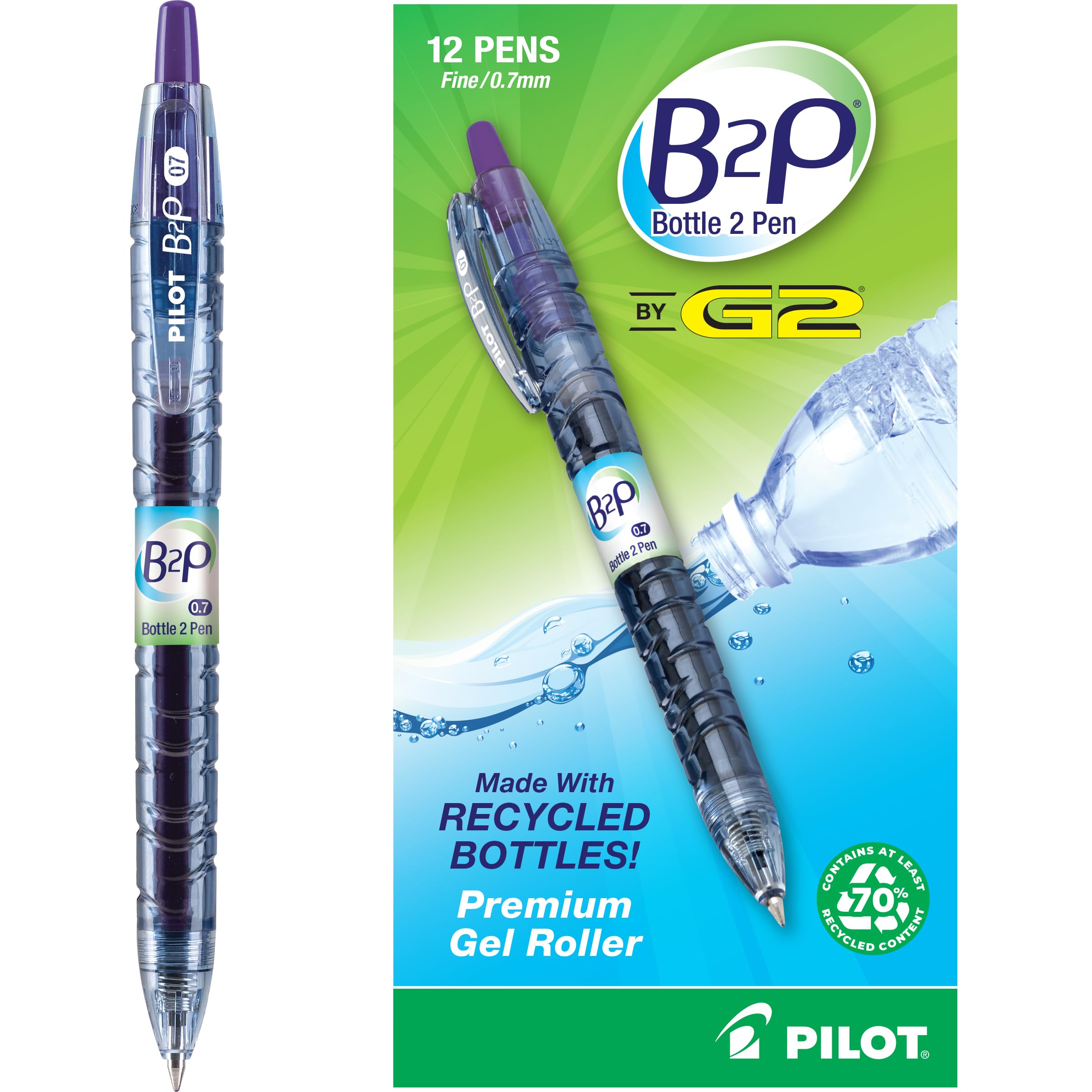 PILOTB2P - Bottle to Pen Refillable & Retractable Rolling Ball Gel Pen Made From Recycled Bottles, Fine Point, Purple G2 Ink, 12-Pack (31622)