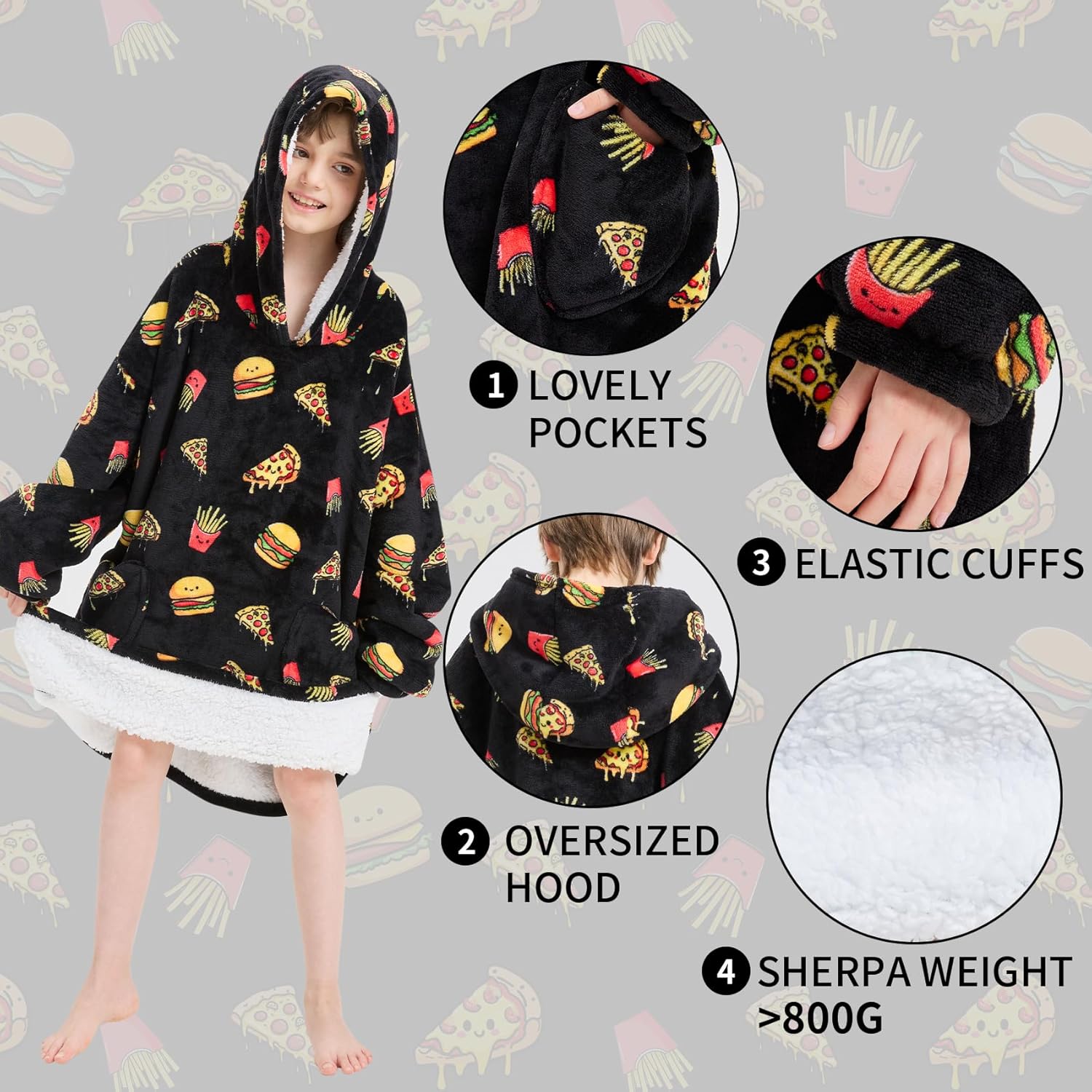 Fiosnow Pizza and Chips Blanket Hoodies for Kids 6-13YR Oversize Wearable Blanket Hoodies for Boys Girls Teens - Image 4