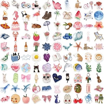 100 Pack Aesthetic Stickers - Waterproof Vinyl Decals for Water Bottle, Laptop, Journal | Cute Cartoon Watercolour Designs | Unique Gift Ideas for Girls, Teens, Adults