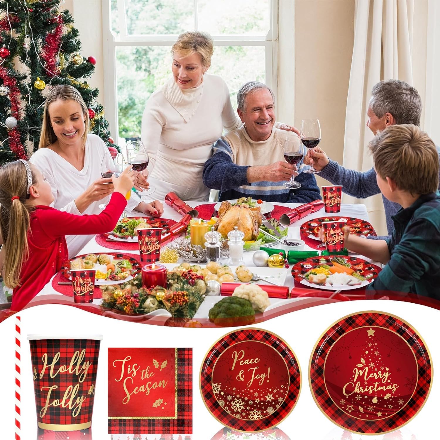 LATERN Vaisselle En Papier Noël 102 Pièces - Assiettes Gobelets Serviettes Nappes Thème Couronne Houx