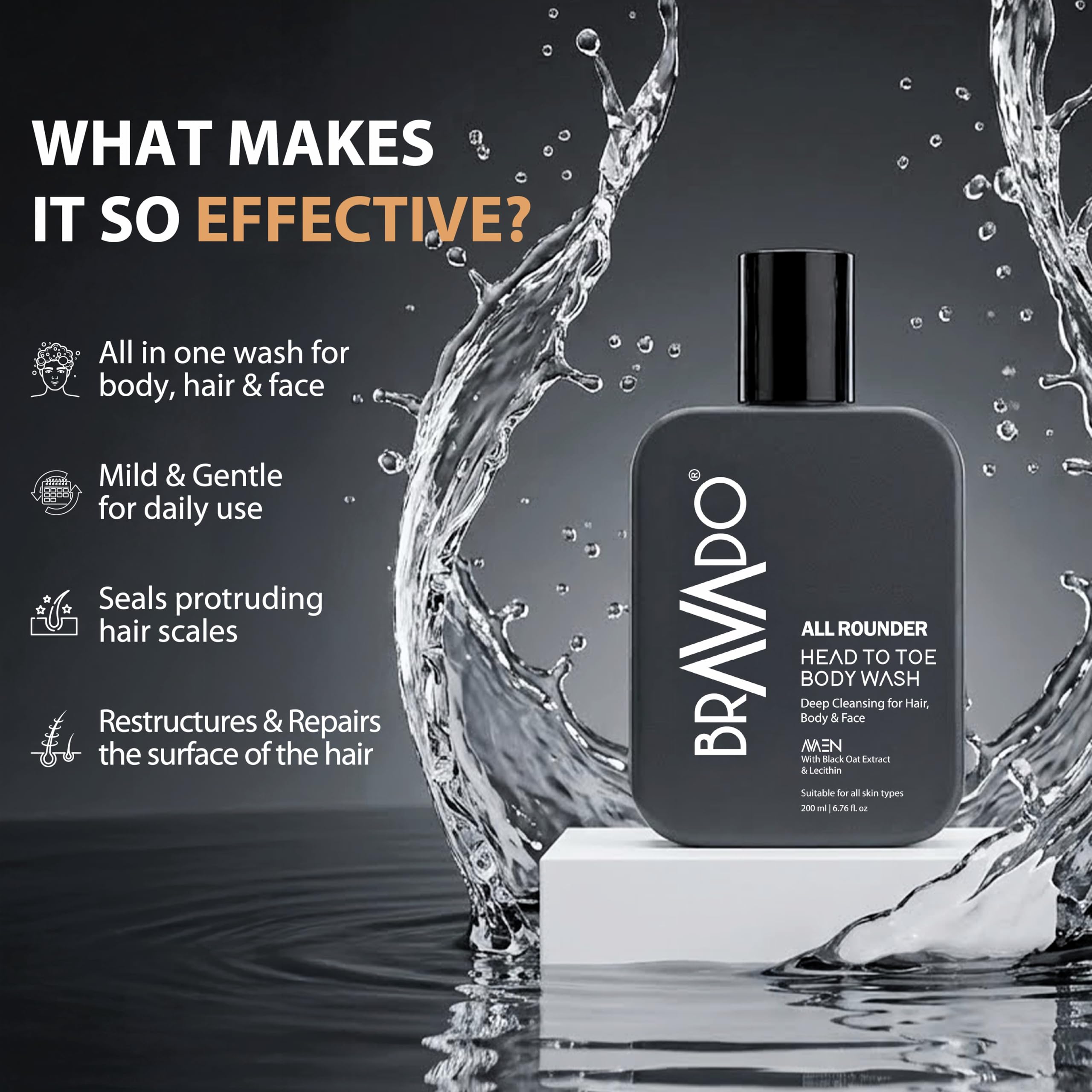 BRAVADO Head to Toe Body Wash for Men | All-in-One Hair, Face & Body Cleanser for Deep Cleansing & Freshness | Hydrating Shower Gel | 200ml 2
