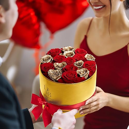 Miniatura 7 de 17 rosas para siempre en una caja, rosas rojas y doradas de lujo para el día de San Valentín, rosas doradas, rosas preservadas, regalos para