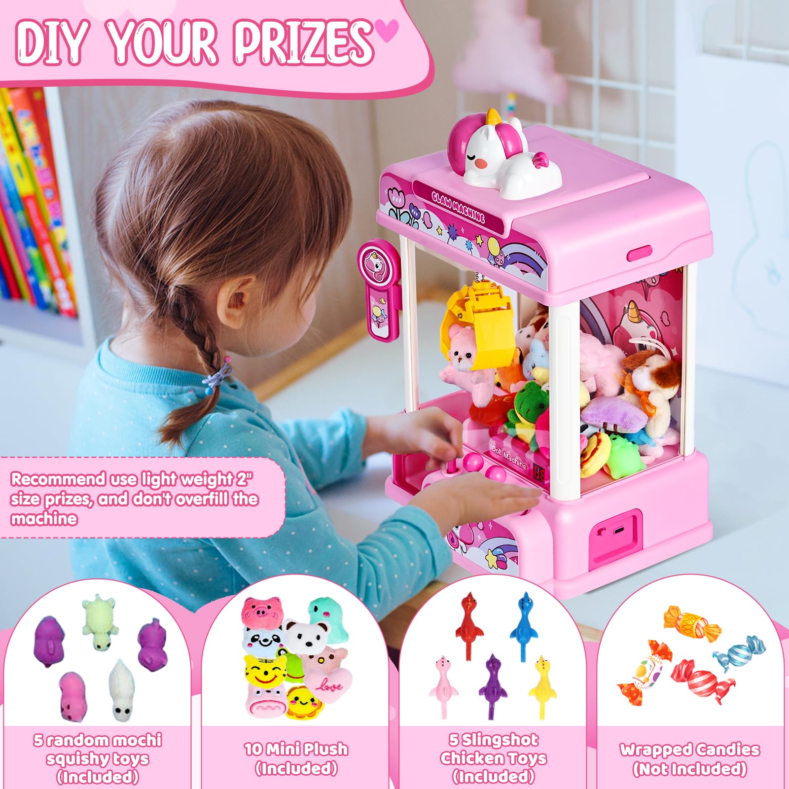 CWLAKON Candy Grabber Machine, Machine à Attraper Les Poupées avec 20 Mini Jouet, Distributeur de Bonbons Jeu d'arcade avec Musique, Anniversaires et Cadeaux de Noël pour Enfants Filles, Rose