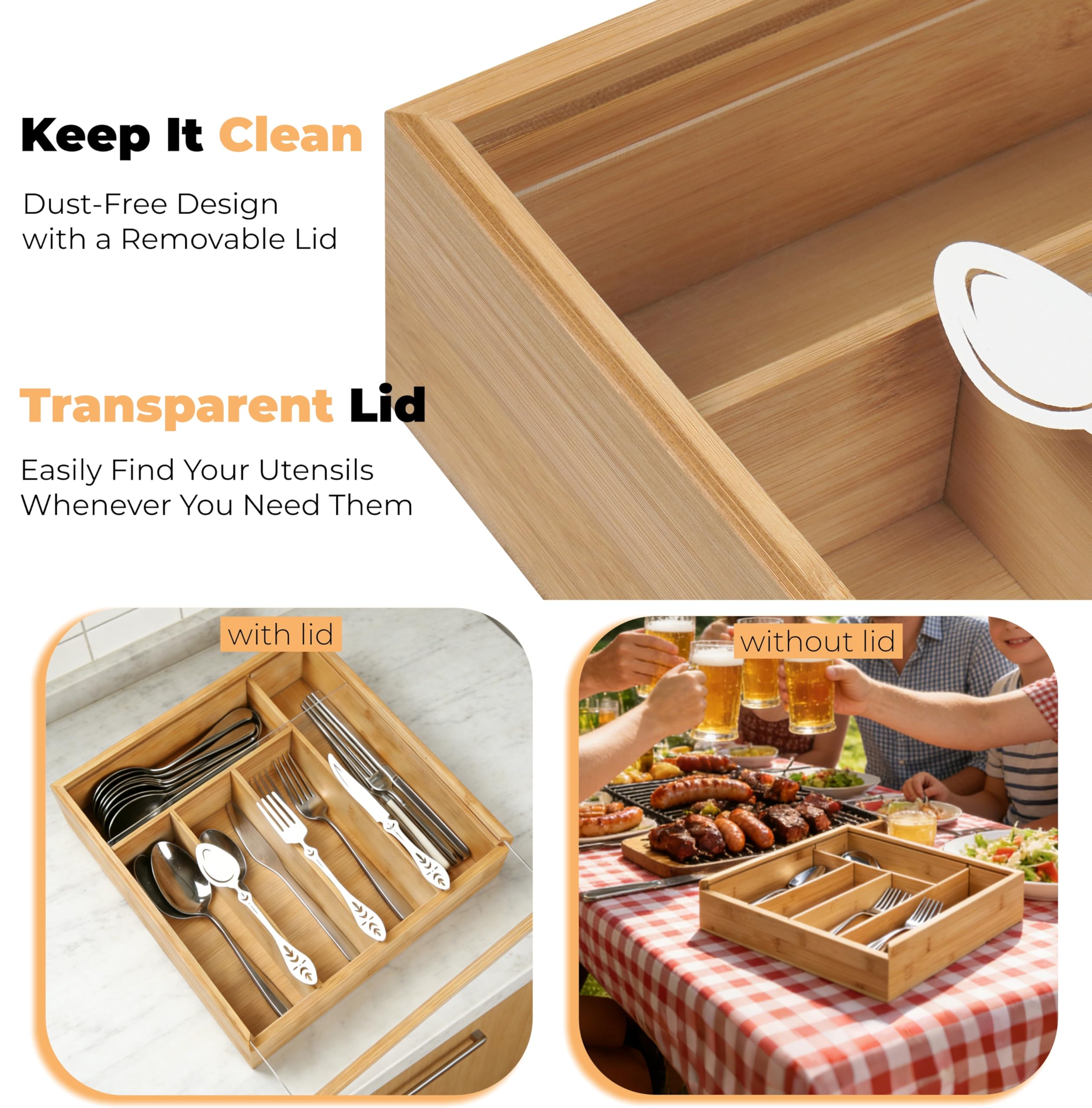 Drewniany zestaw na sztućce z pokrywą, 5 przegród na sztućce, 30x30x8cm organizer na sztućce do stołu i szuflady, drewniany uchwyt na sztućce z dekoracyjnym wzorem