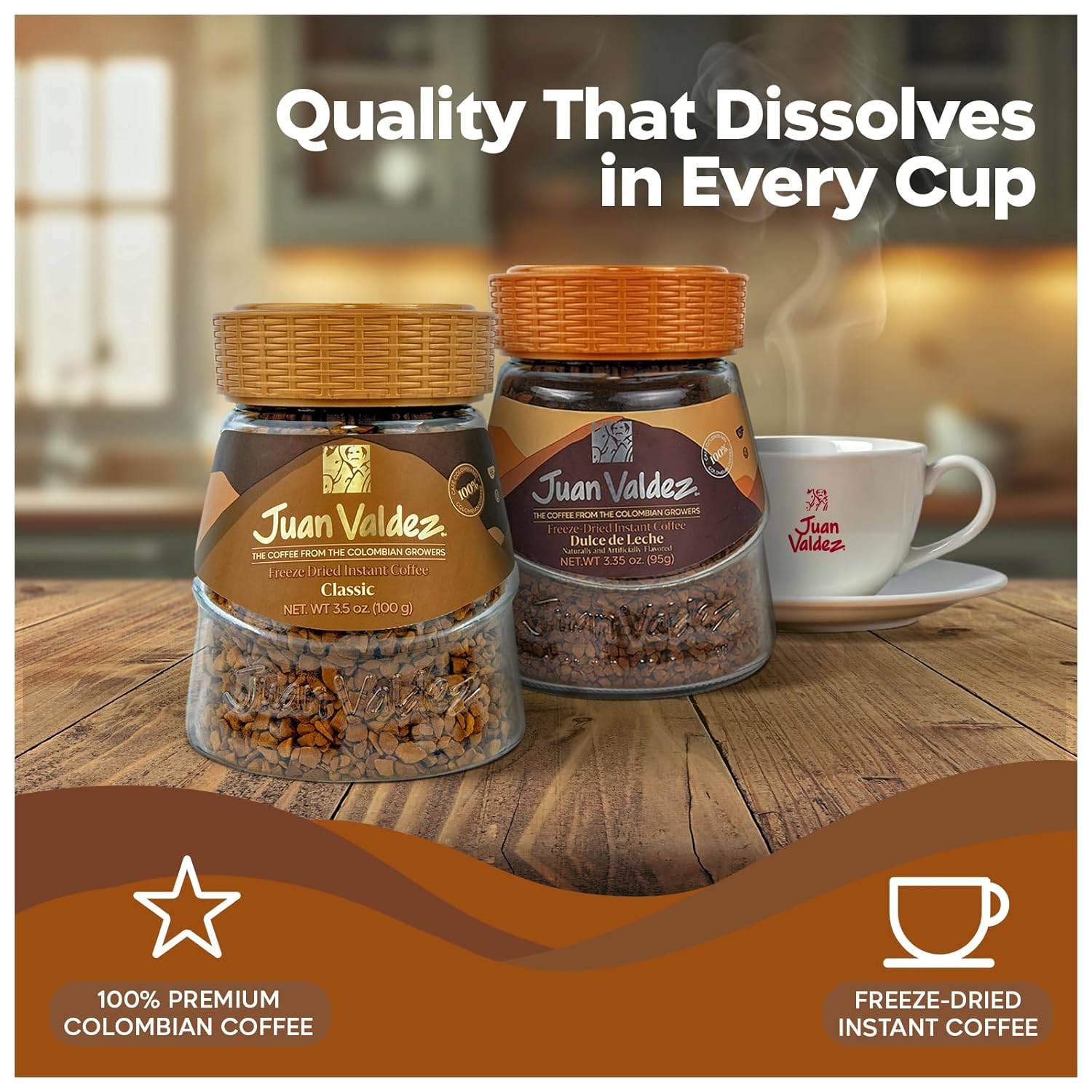 Juan Valdez Freeze-Dried Instant Coffee Bundle - Regular (3.5 oz) & Dulce de Leche (3.35 oz) Flavors | 100% Colombian Arabica Beans | Smooth & Rich Taste - Premium Colombian Coffee | 2 Jars