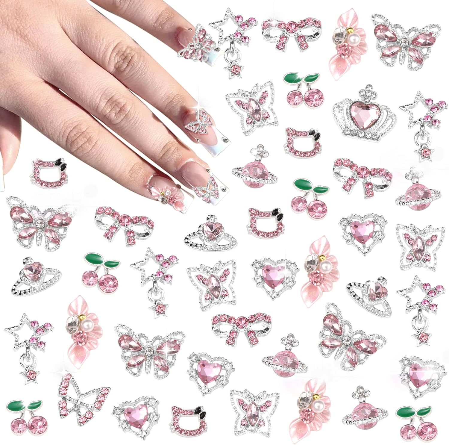 24 Pcs Silver Nail Charms, Butterfly Bow Star Planet Crown Flower Heart Nail Rhinestones Charms, Y2K Silver Nails Charm for Nails Art Supplies