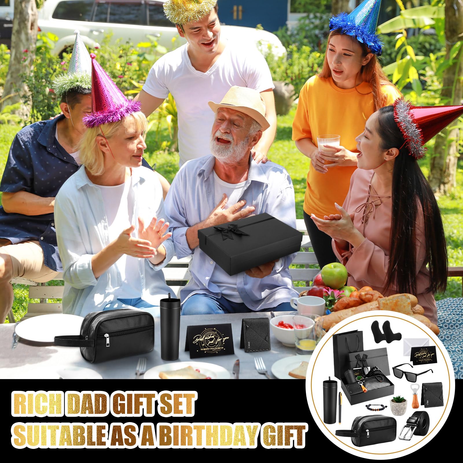 Skylety 13 Pcs Birthdays Gifts Baskets for Men Father Gift for Men Birthdays Gift Box 16 oz Tumblers Wallet Toiletry Bag Sock Bottle Opener Belt Bracelet Glasses Pen for Father's Day Dad Husband