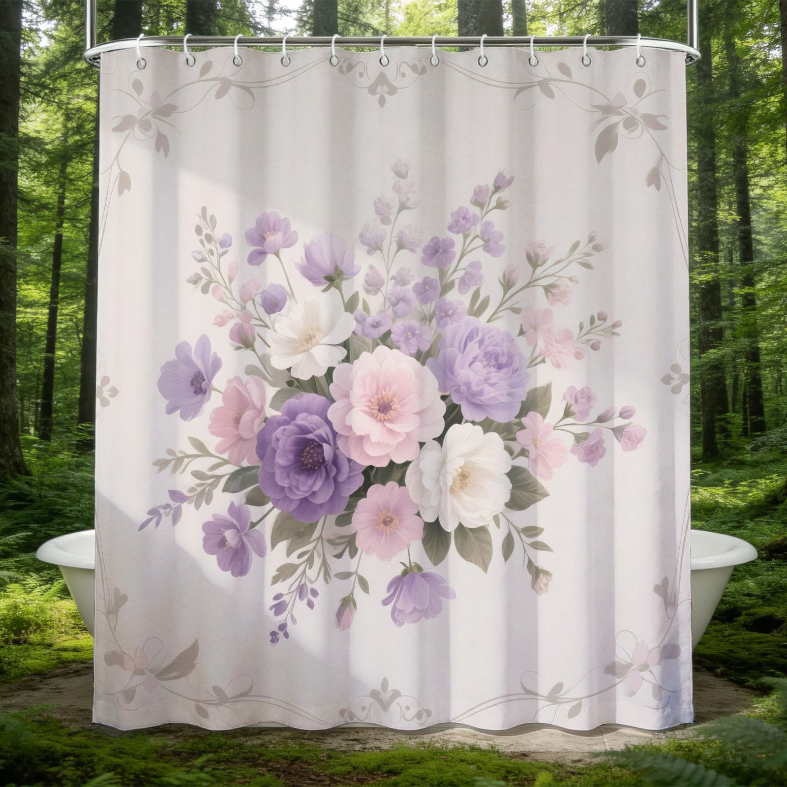Hongduo 3D Flower Illustration Shower Curtain for Stalls Bathtubs Hand Drawn Flowers Bathroom Decor Shower Curtain Set Polyester Fabric Waterproof 180x180cm/71X71 Inch with Hooks