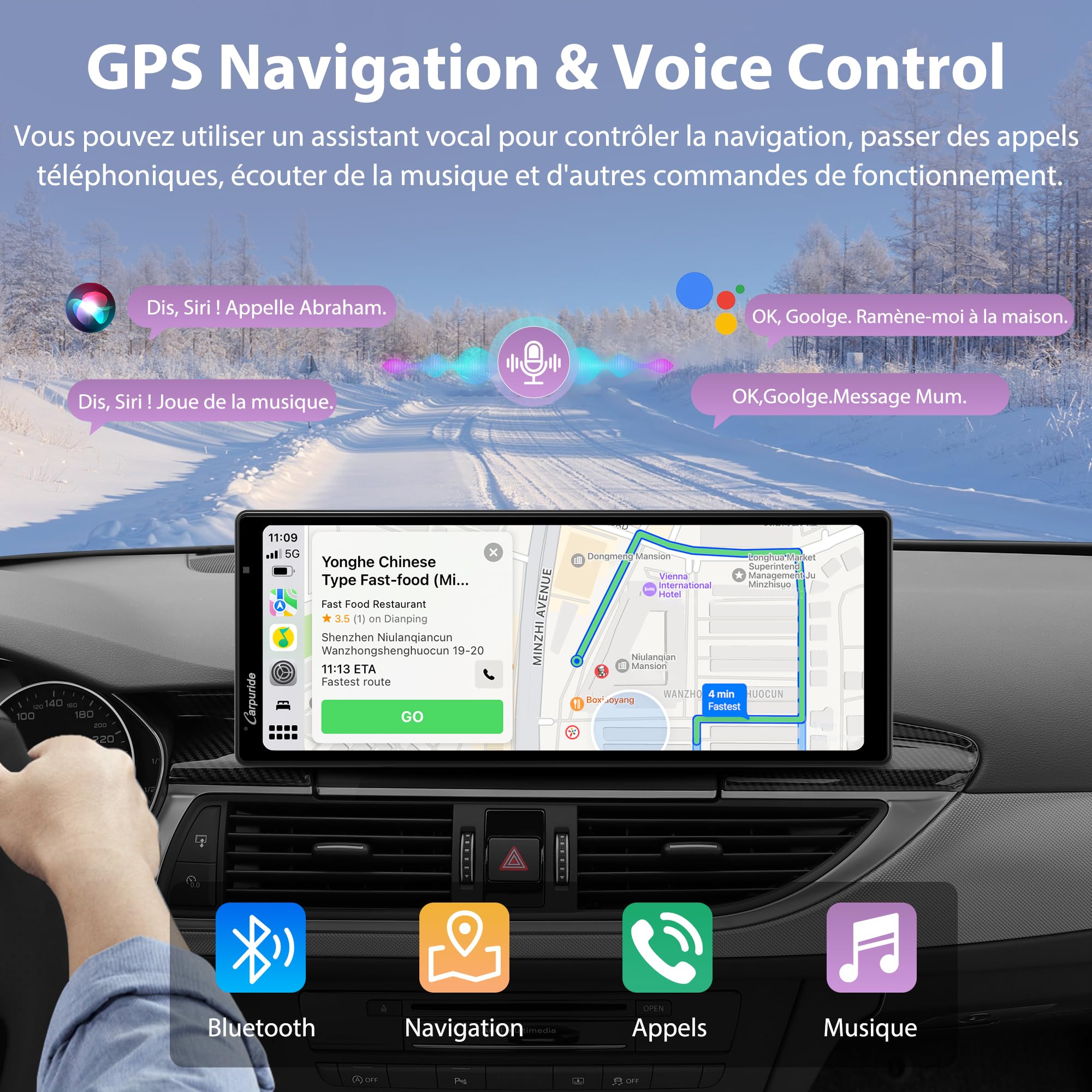 Carpuride W904 10.26" Carplay sans Fil et Android Auto avec Dash Cam | Écran Tactile pour Voiture, Caméra Avant 4K et Arrière 1080P, Enregistrw Ement en Boucle, Audio BT, Mirror Link, GPS, Siri