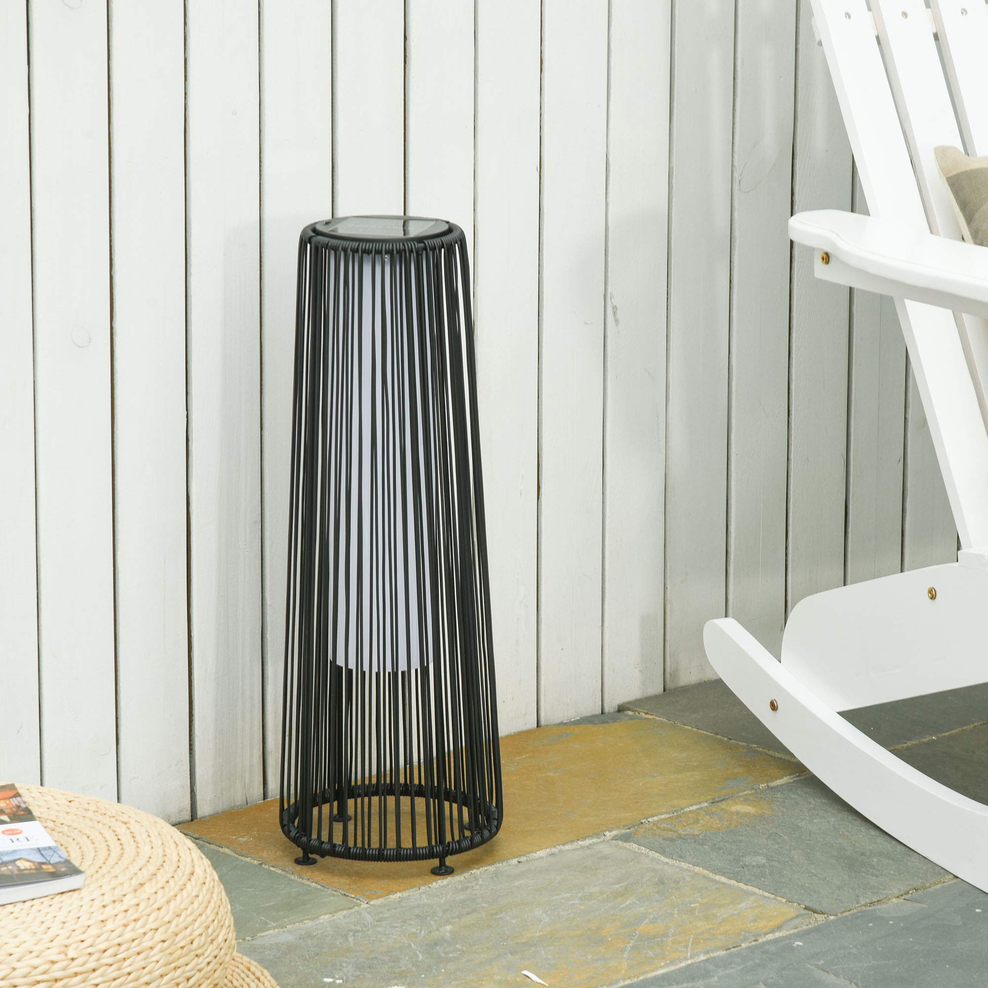 Outsunny Linterna de Jardín de Ratán Sintético Farola Solar Exterior con Luces LED Encendido y Apagado Automático Impermeable para Terraza Balcón Patio Ø21,5x61 cm, Negro