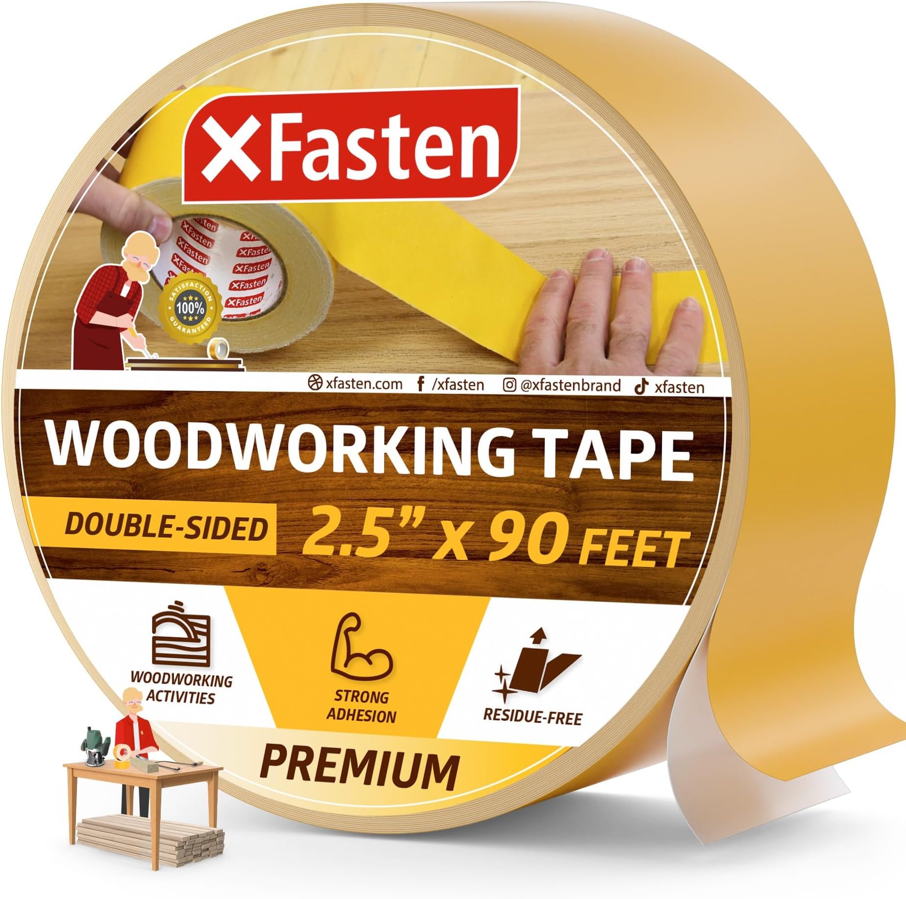 XFasten Double Sided Woodworking Tape w/Yellow Backing 2.5 Inches x 30 Yards
