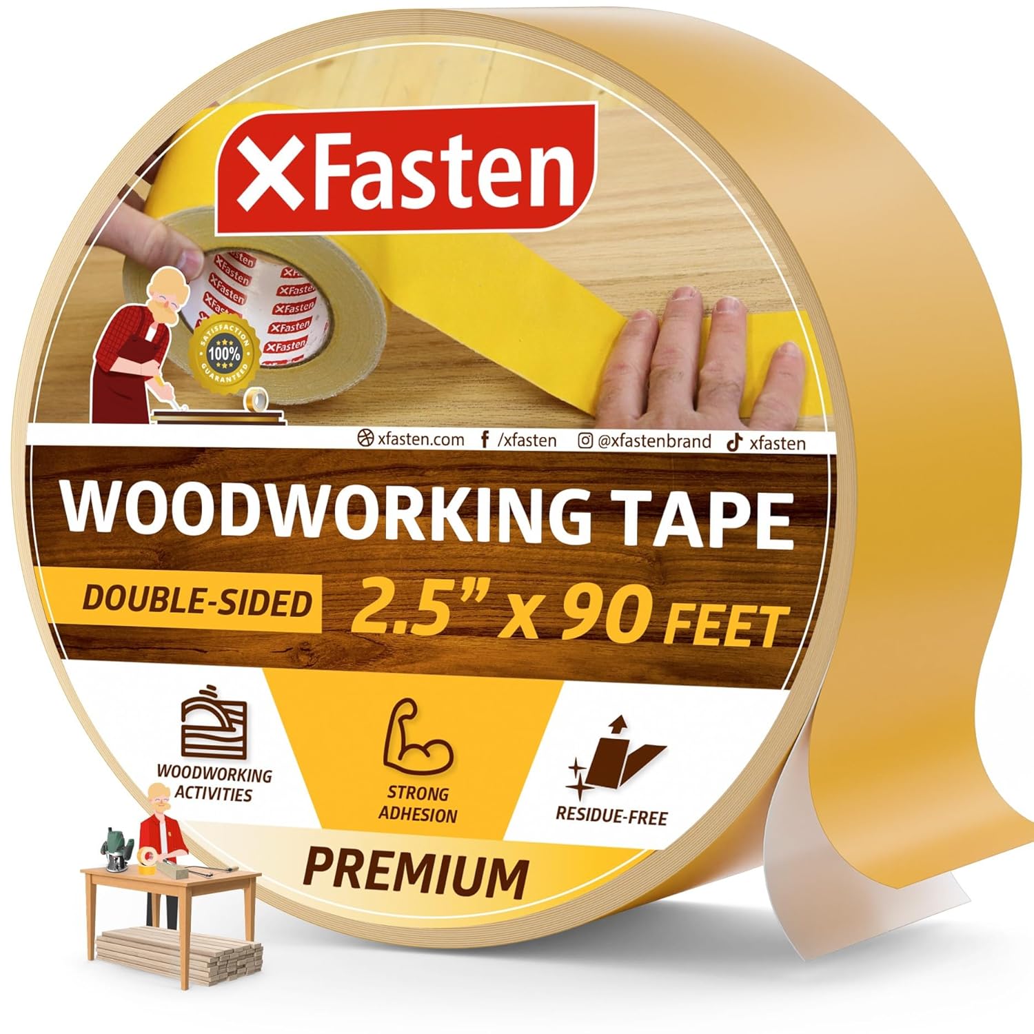 XFasten Double Sided Woodworking Tape 2.5 Inches x 90 Feet (6-Pack), Residue-Free Double Sided Tape for Wood Template, MDF, Metal, Edge Banding, Routing, Anchoring, Strong Adhesion but Surface-Safe