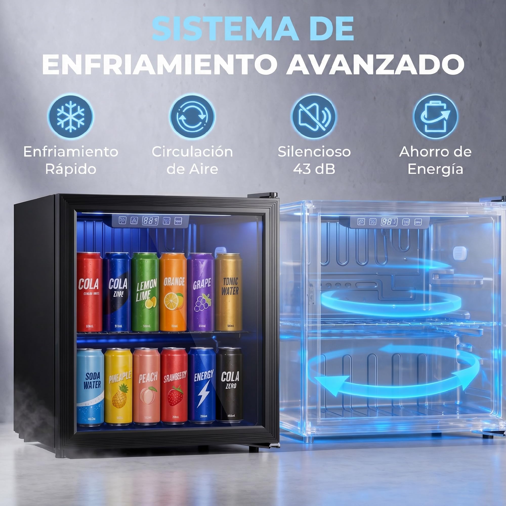 HOMCOM Frigorífico de Bebidas 50 L, Mini Nevera con Puerta de Vidrio Doble, Iluminación LED, Estante Ajustable, 2-18℃, para 48 Latas, Nevera Pequeña para Refrescos, Cerveza y Vino