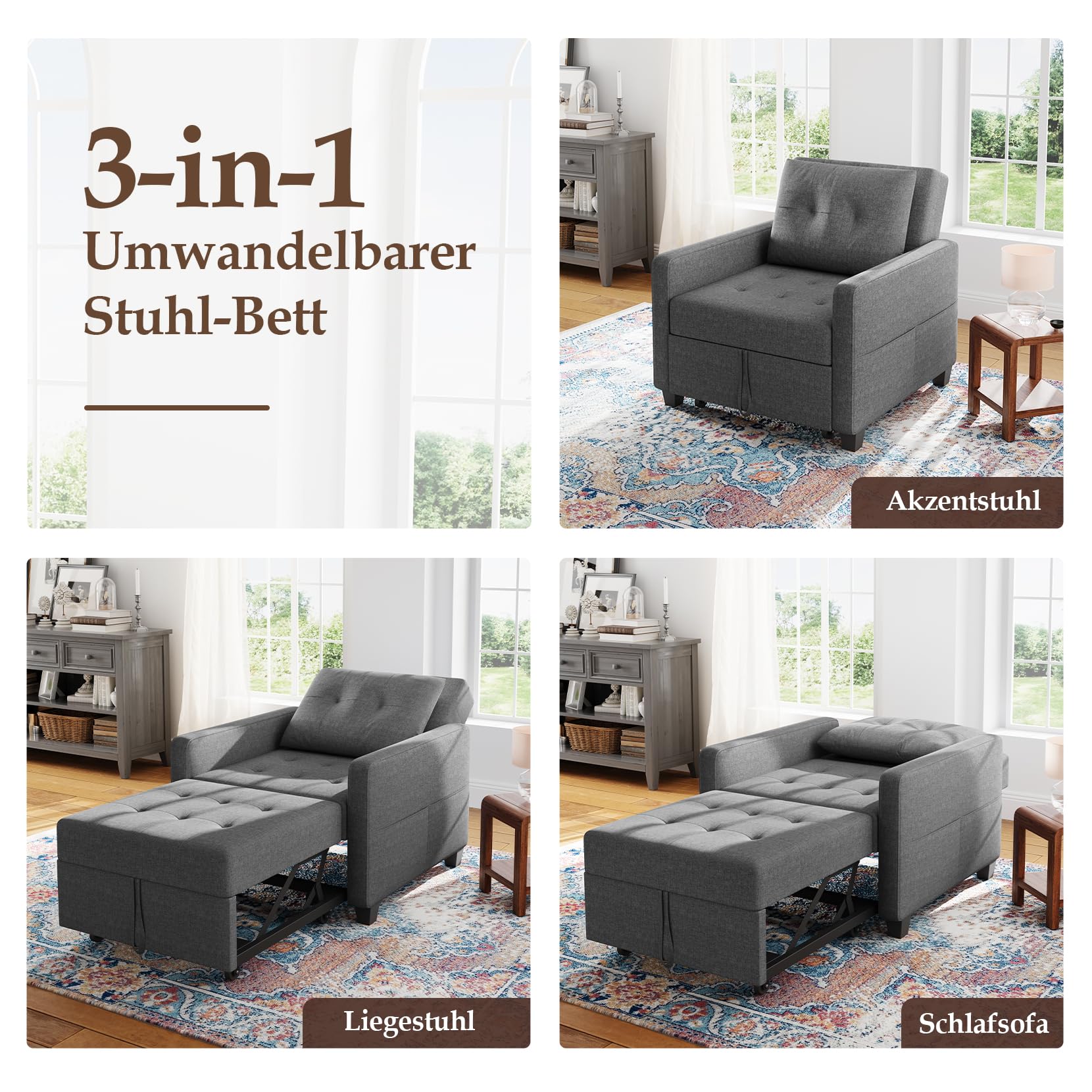 Vesgantti Schlafsessel mit Bettfunktion 3-in-1 Ausziehbares Schlafsofa Umwandelbarer Stuhl Bett Verstellbarer Einzelsessel mit Seitentasche, für kleinen Raum, Dunkelgrau